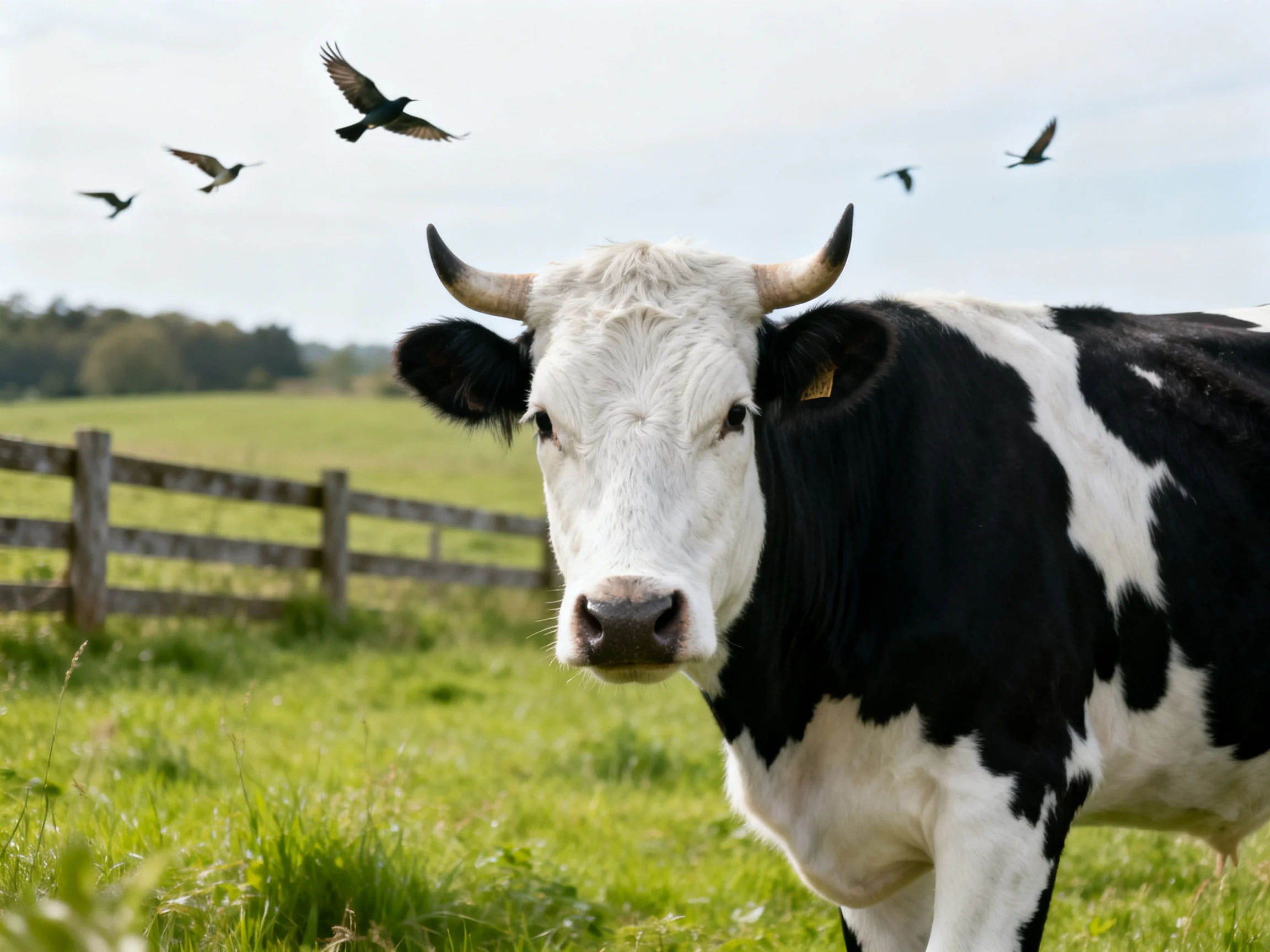A black and white cow stands near a wooden fence with flying birds