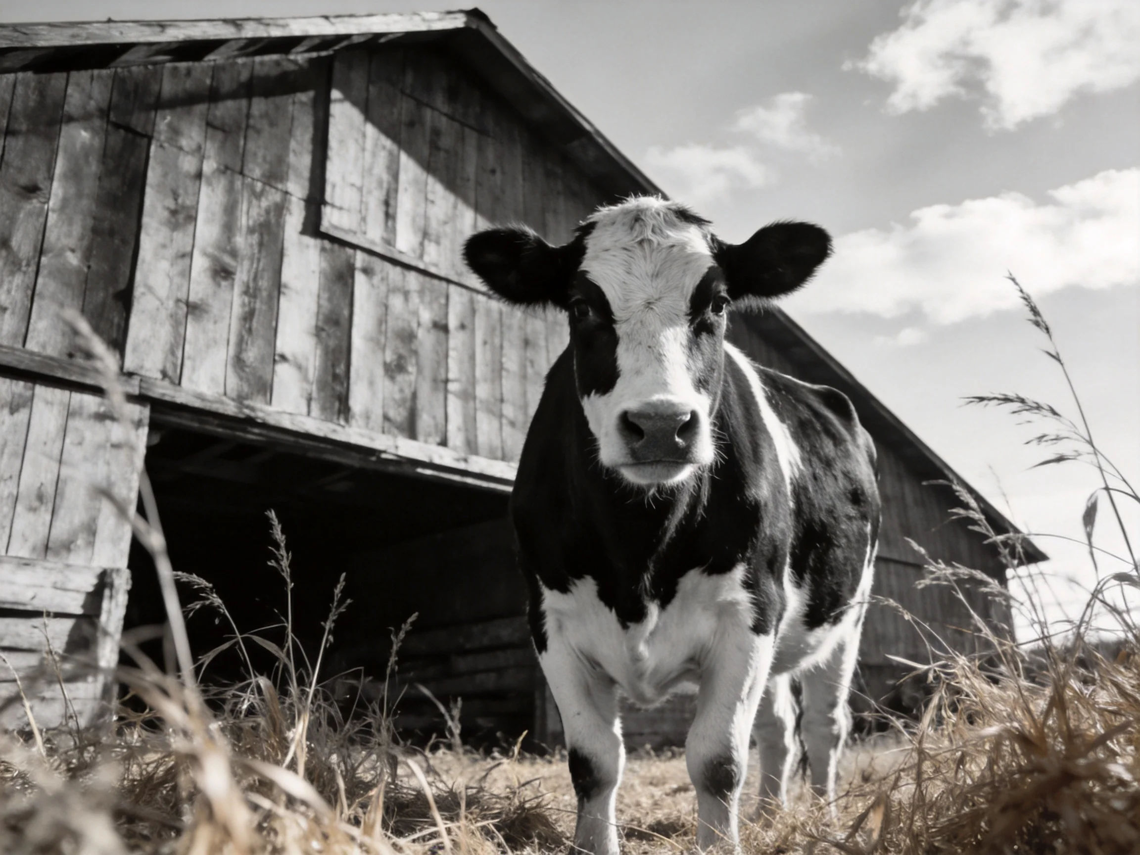 A black and white cow stands near an old weathered wooden barn with tall grass