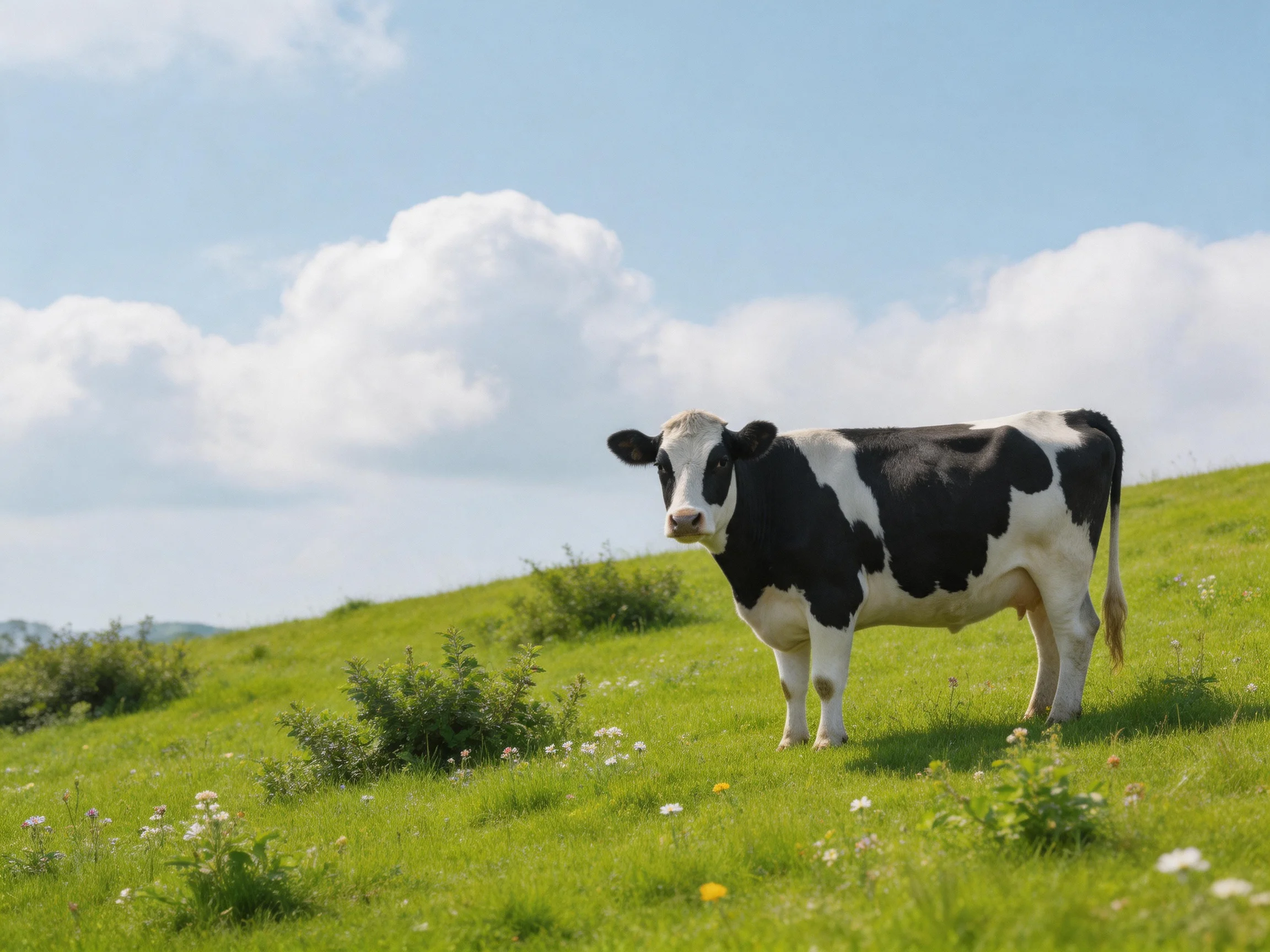 A black-and-white cow stands on a lush green hillside beneath bright blue sky