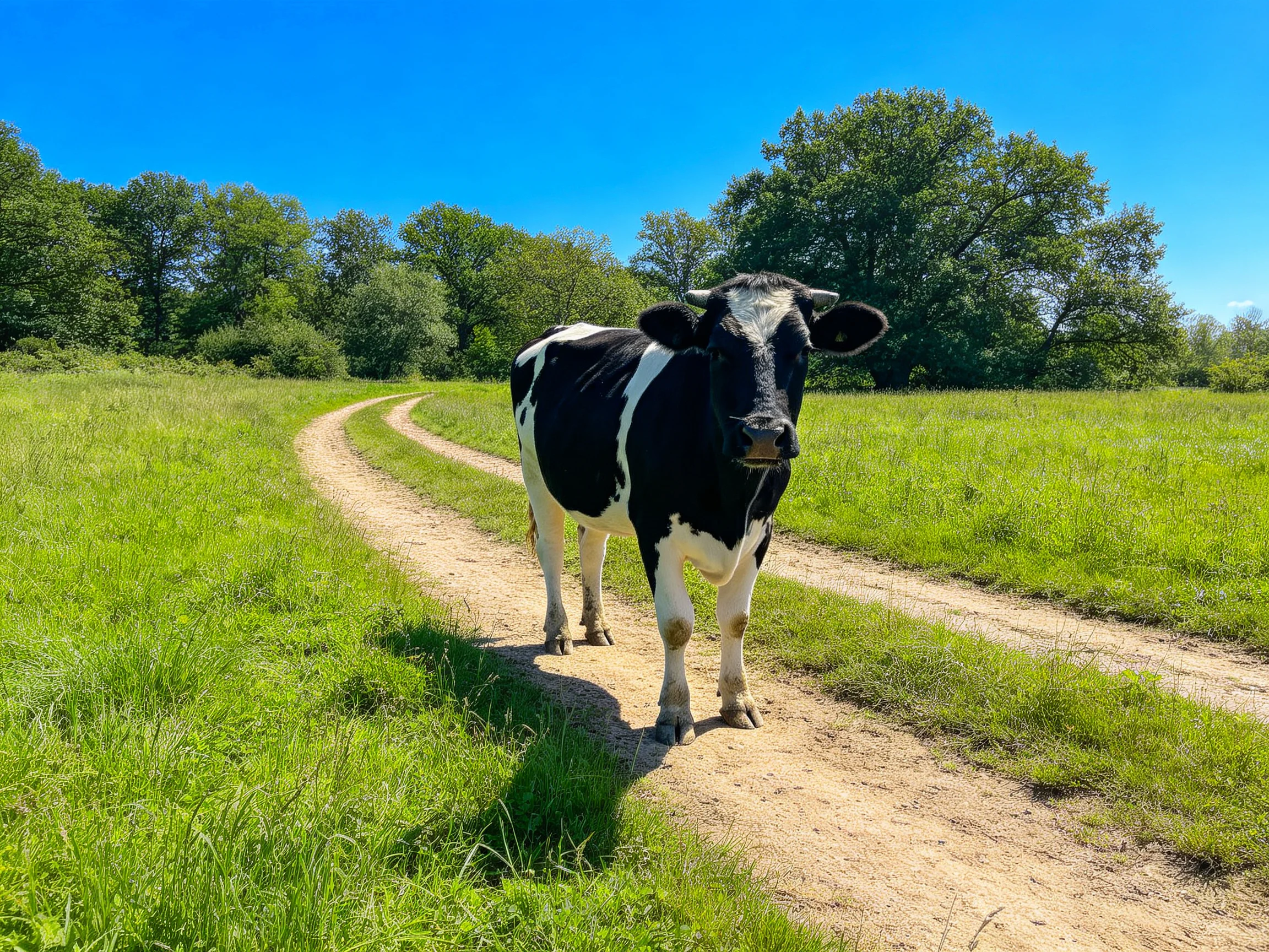 A black and white cow stands on a winding dirt path in a lush green meadow