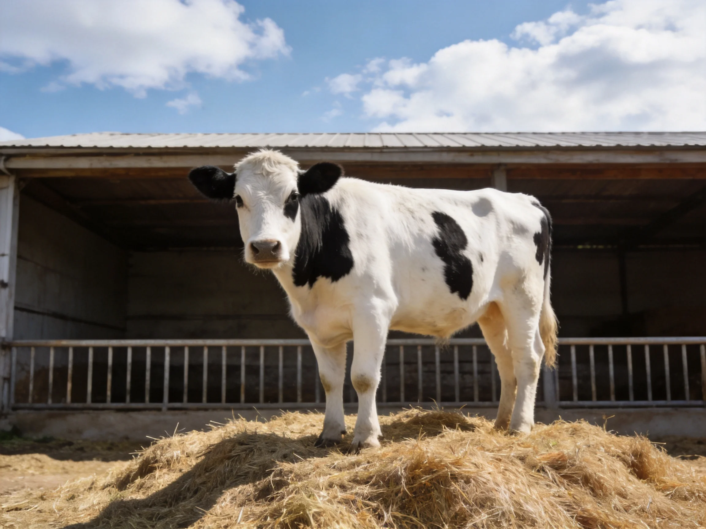 A black and white cow stands on hay near a barn