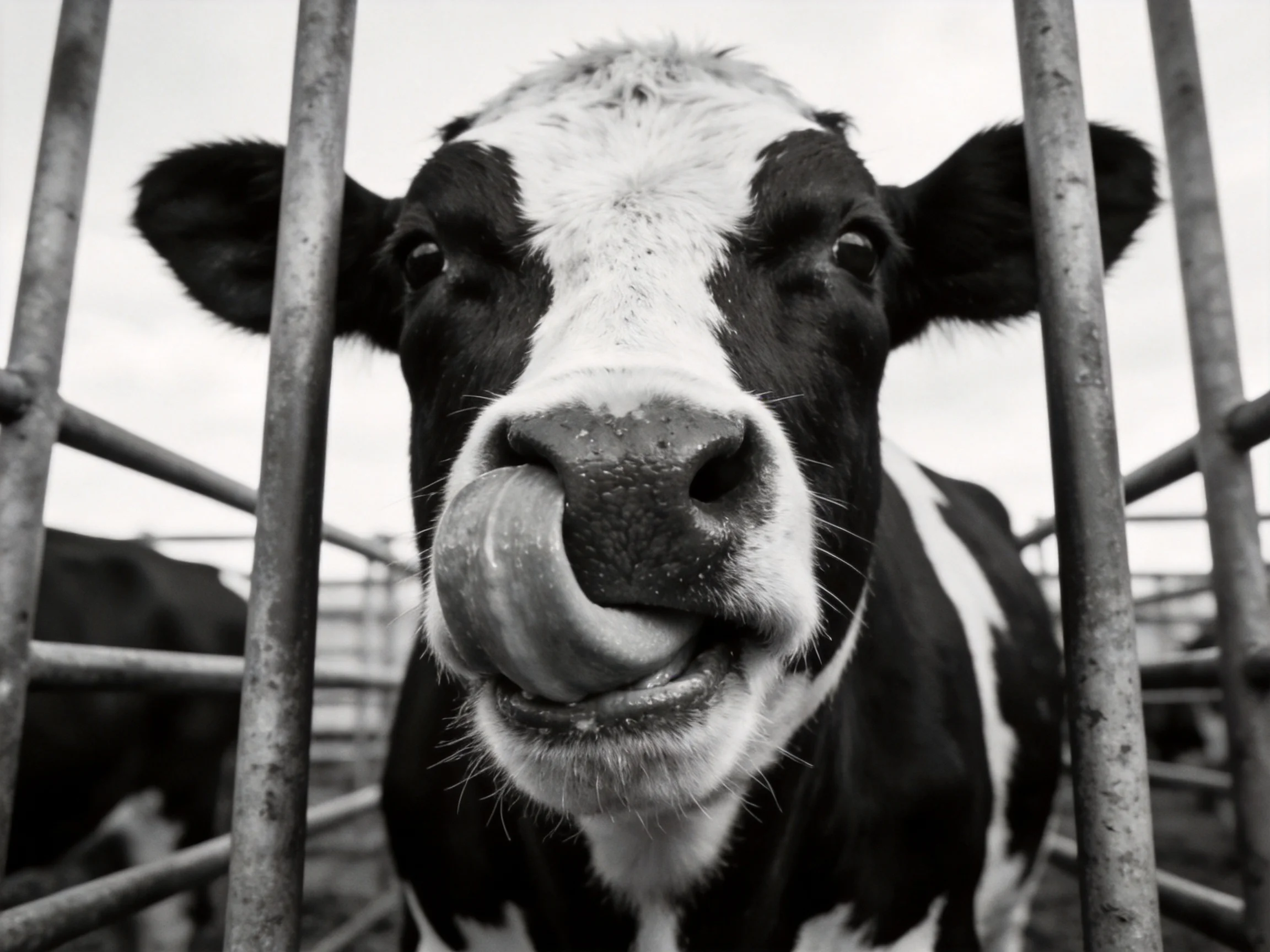 A black and white cow sticks tongue out behind metal fence rails