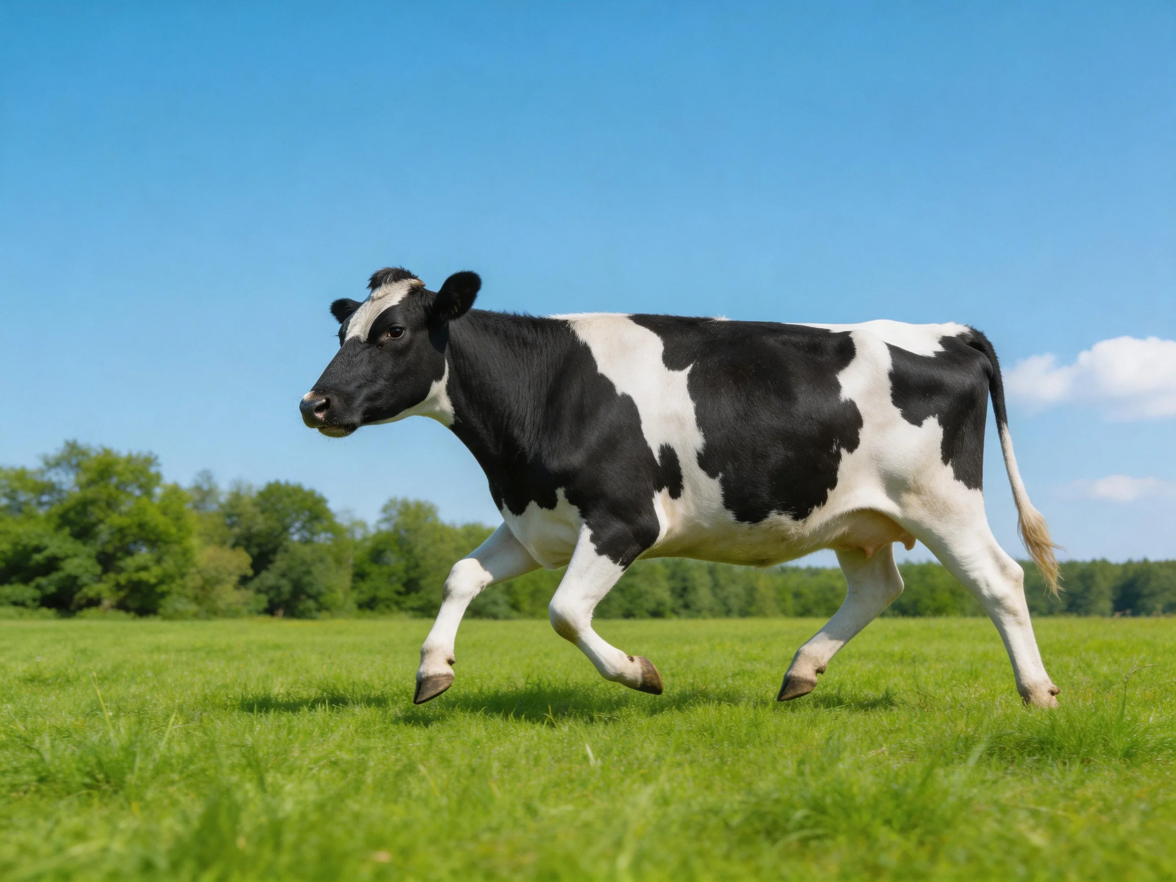 A black and white cow trotting through a sun-drenched green meadow