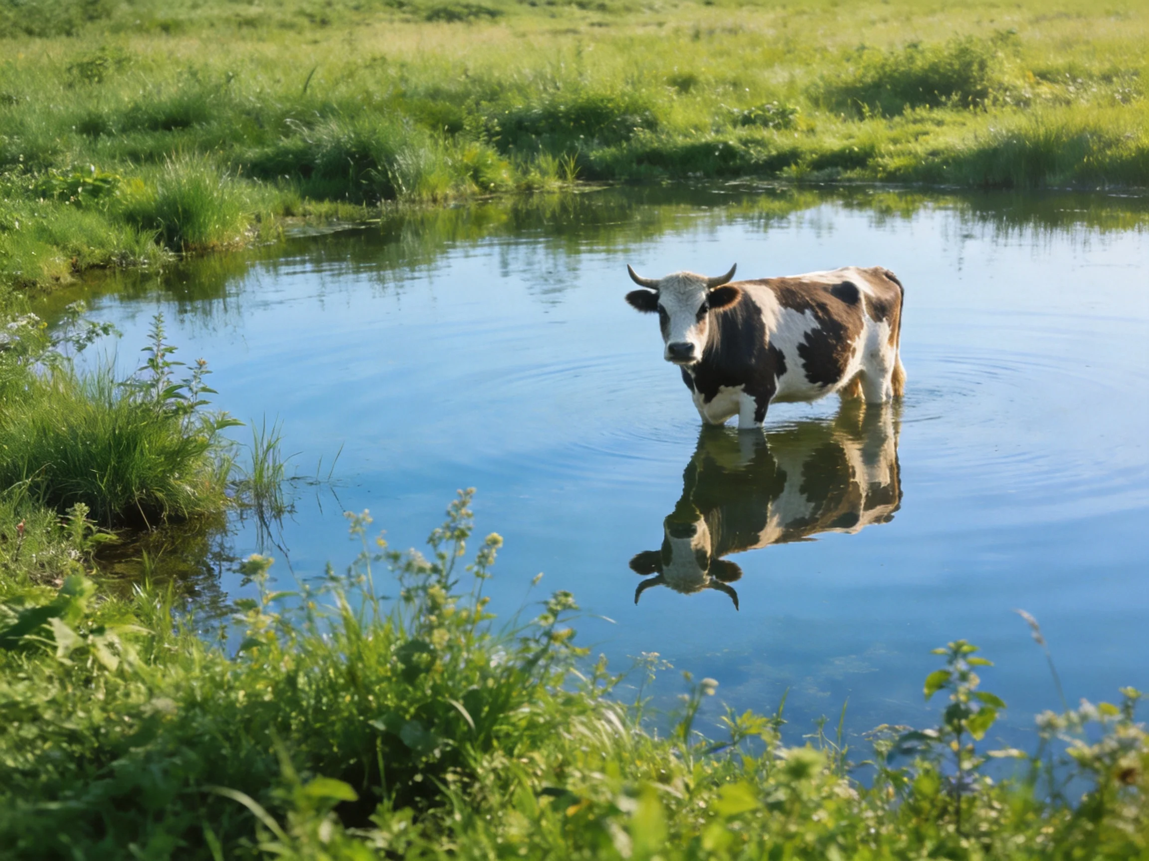 A black and white cow wades in blue water near green fields