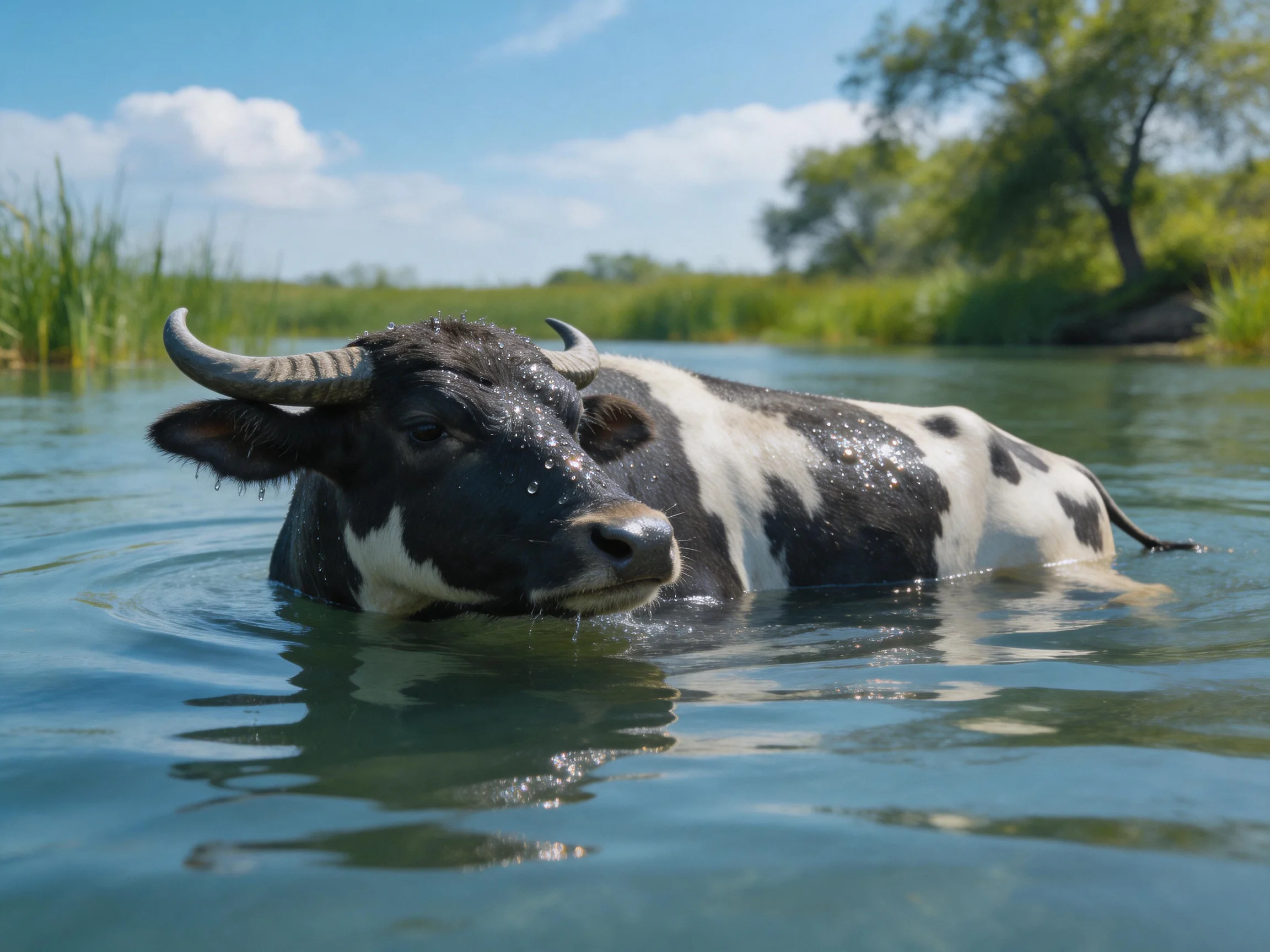 A black and white cow wades through calm blue river waters