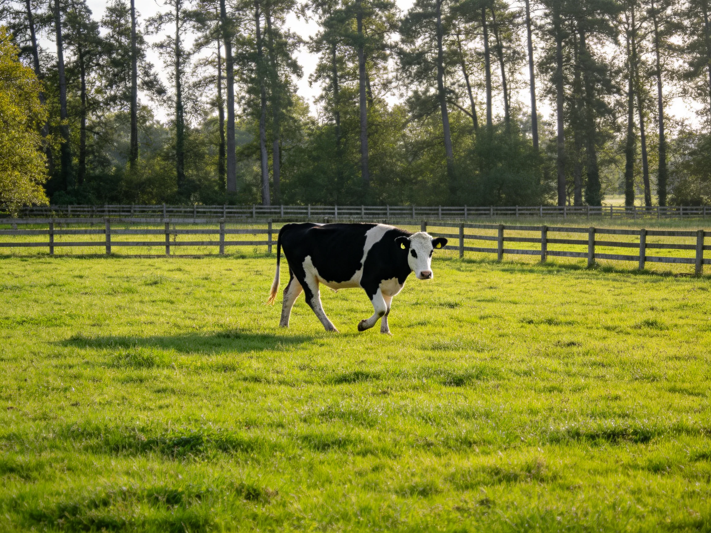 A black and white cow walking through a lush green pasture near wooden fences
