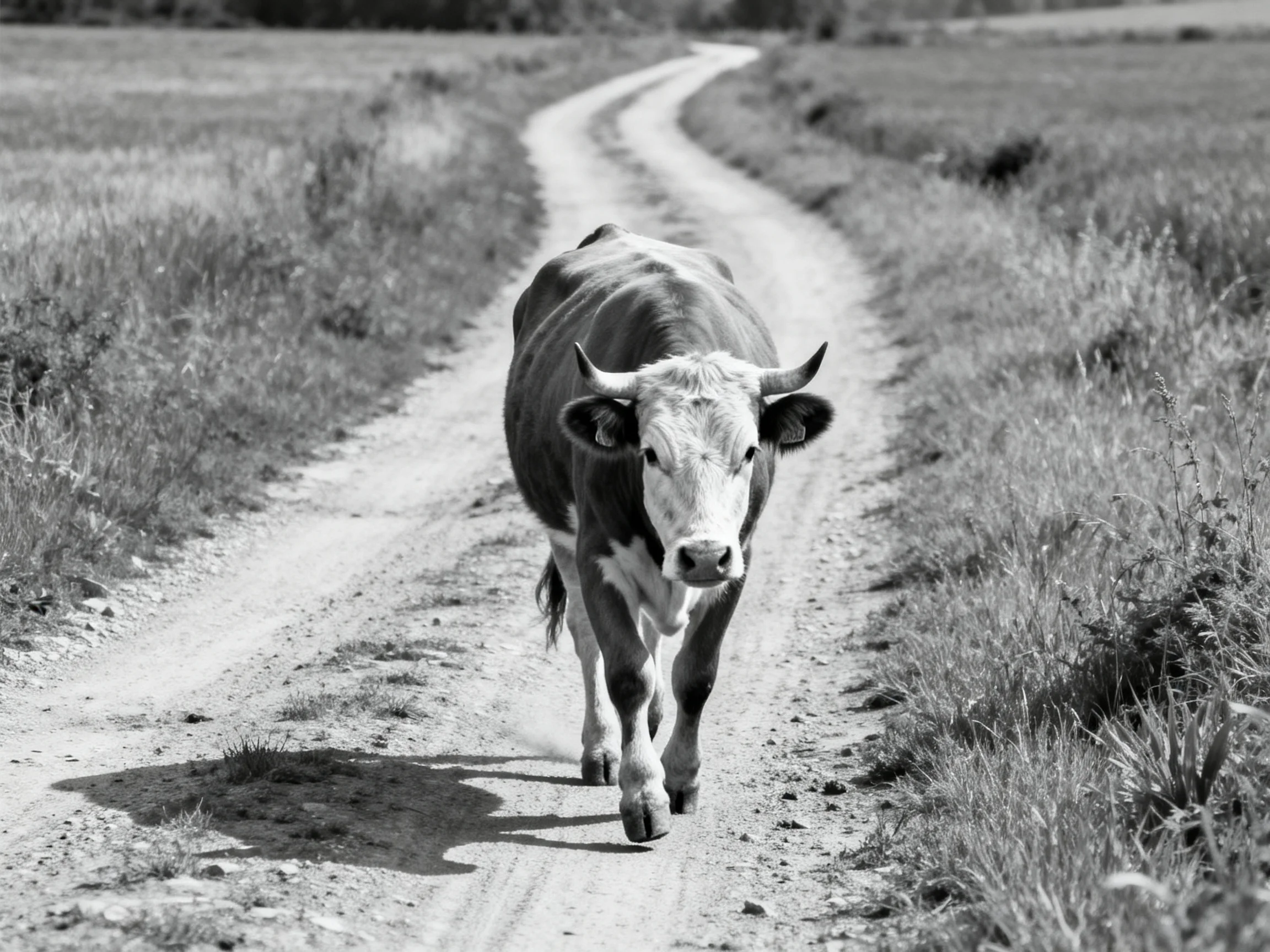 A black-and-white cow walks down a winding dirt road