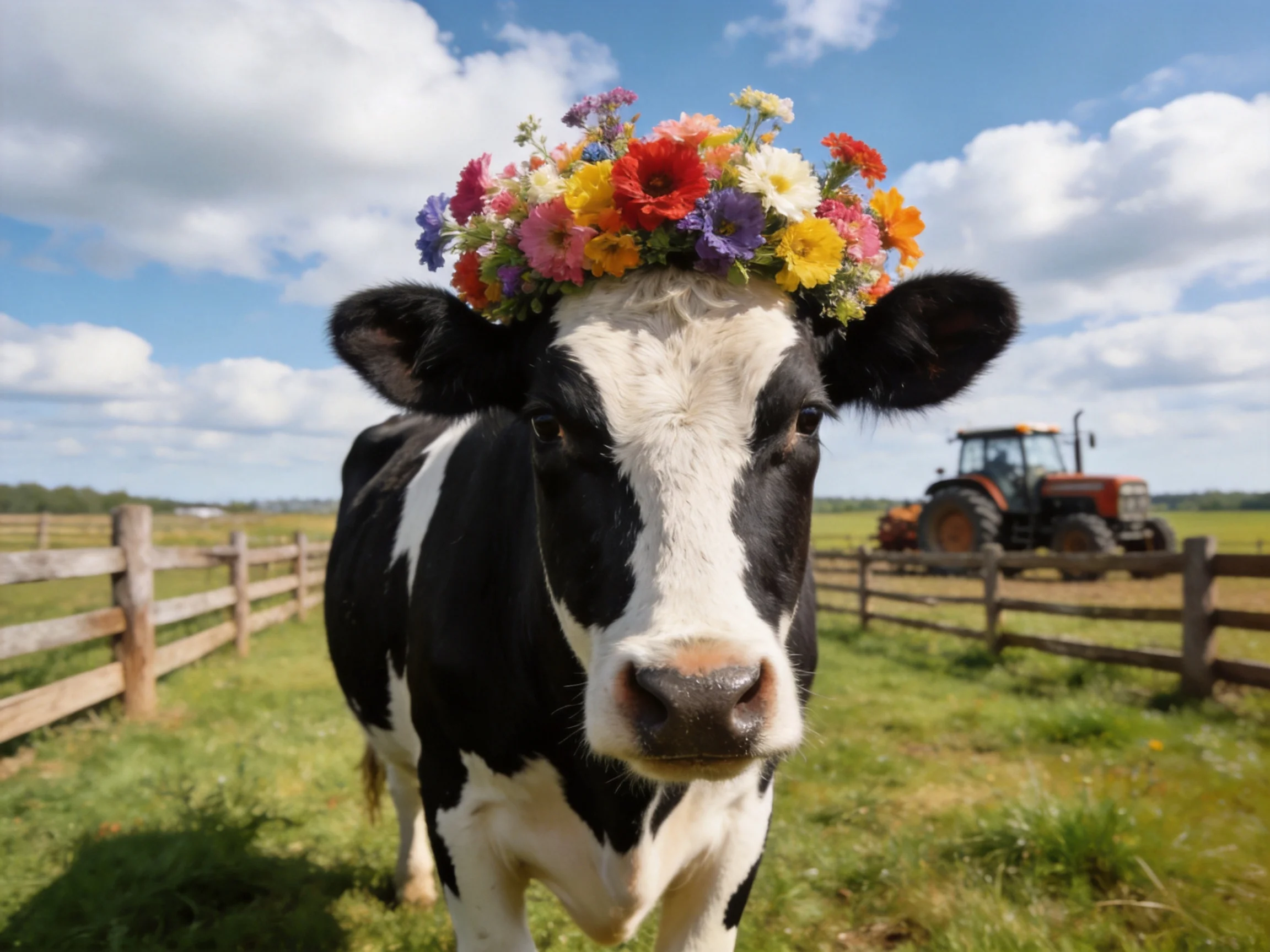 A black-and-white cow wearing a colorful flower crown in a sunny farm field