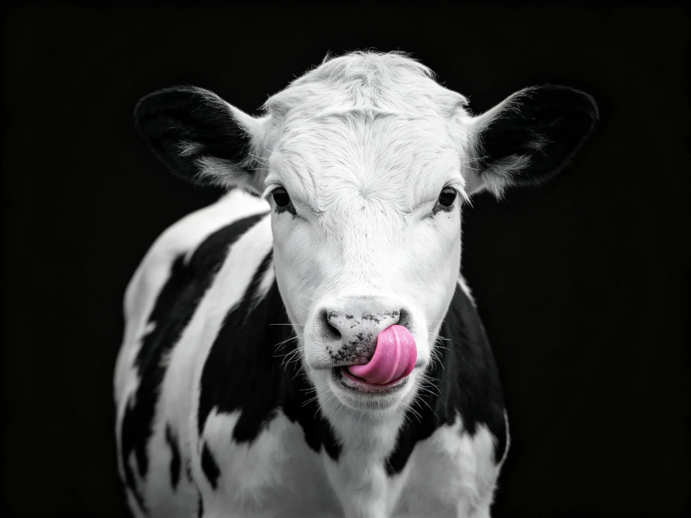 A black and white cow with a bright pink tongue against a dark backdrop