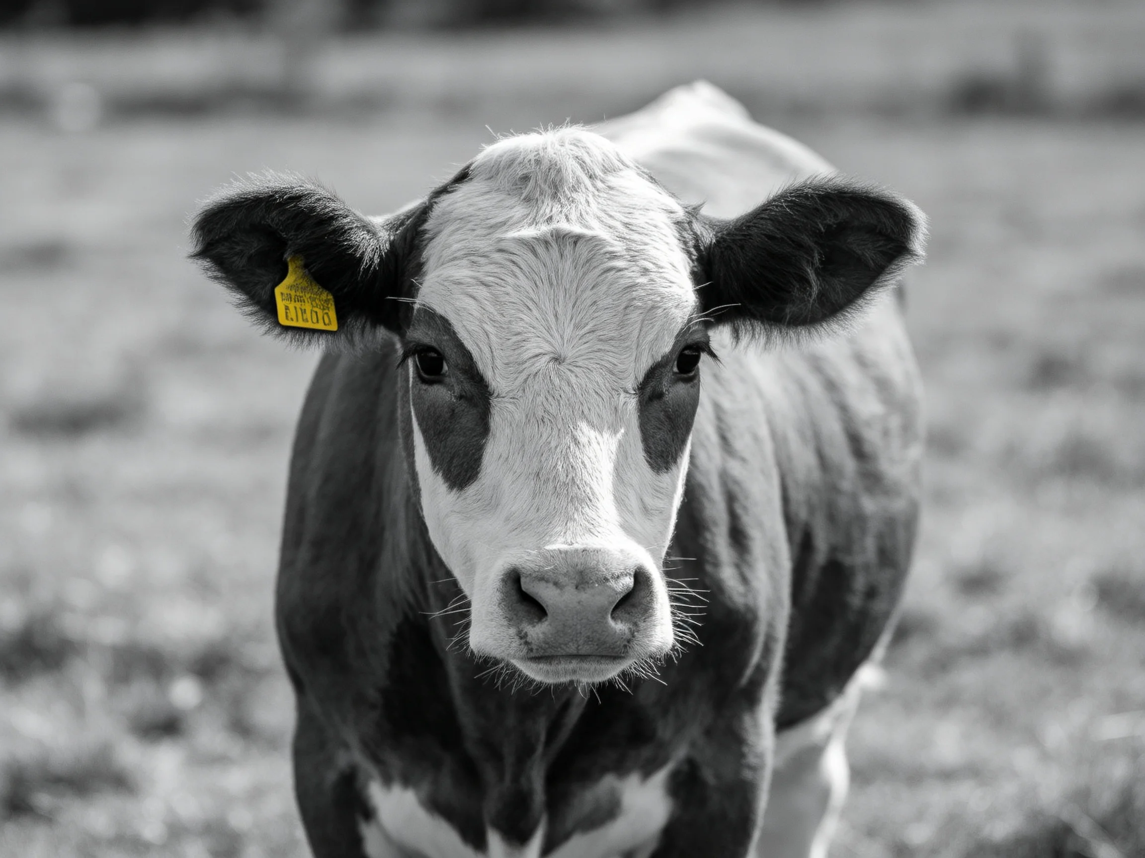 A black - and - white cow with a bright yellow ear tag in a blurred field