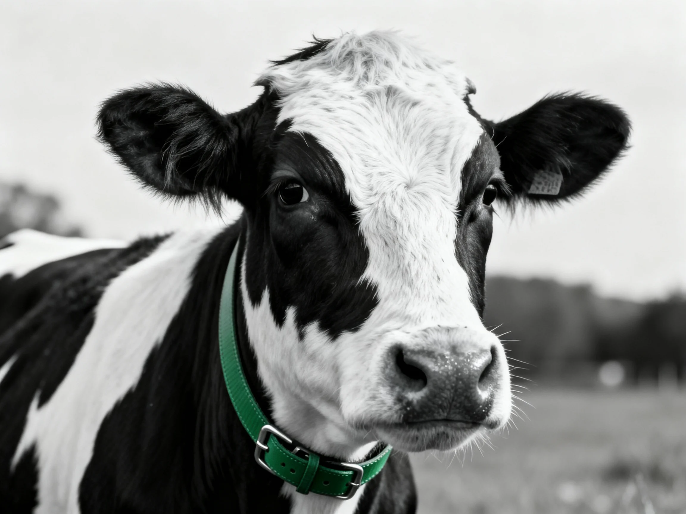 A black and white cow with a green collar is shown in a close-up outdoor scene.