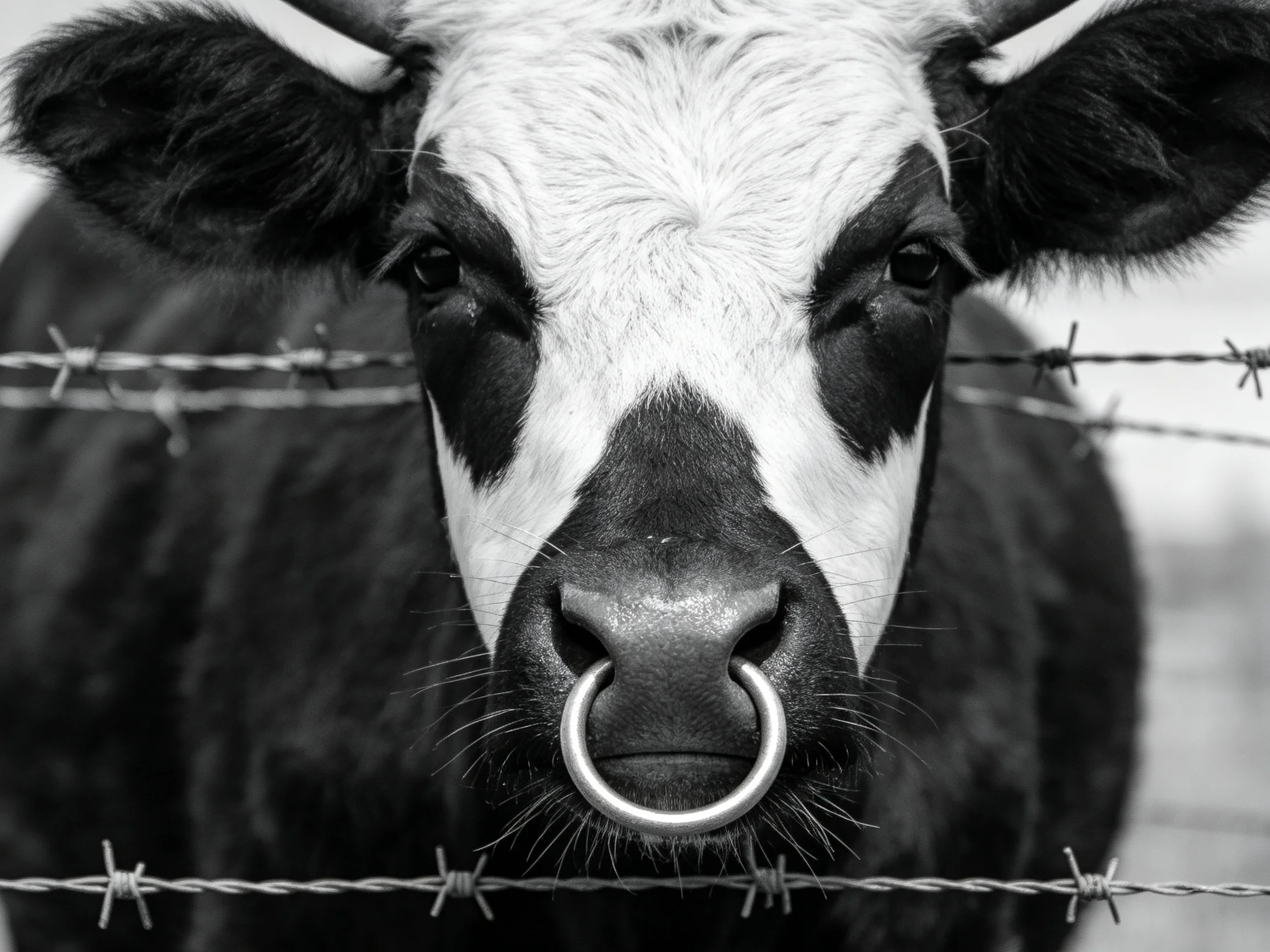A black-and-white cow with a nose ring near barbed wire