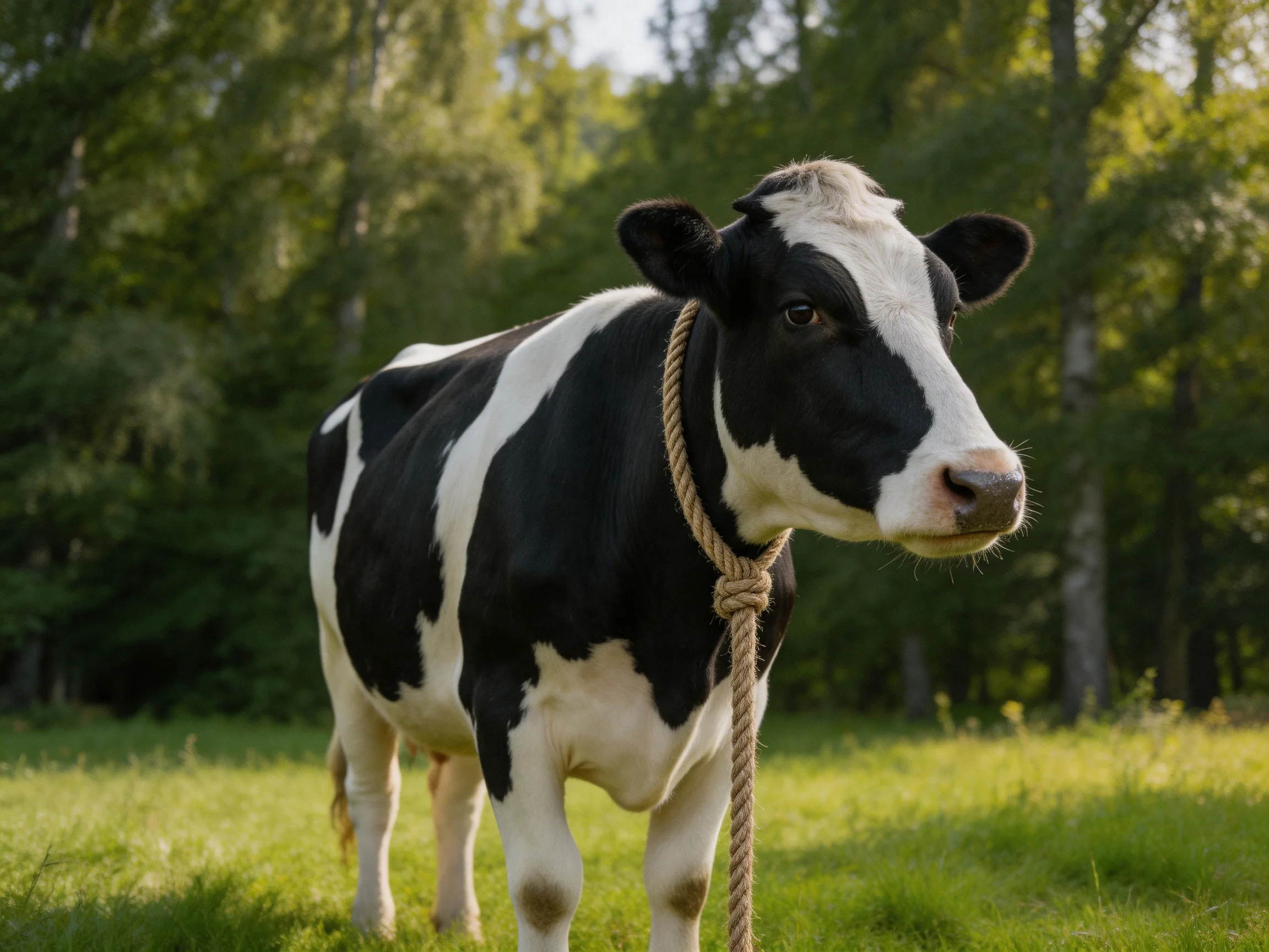A black and white cow with a rope in a sunlit green meadow near trees