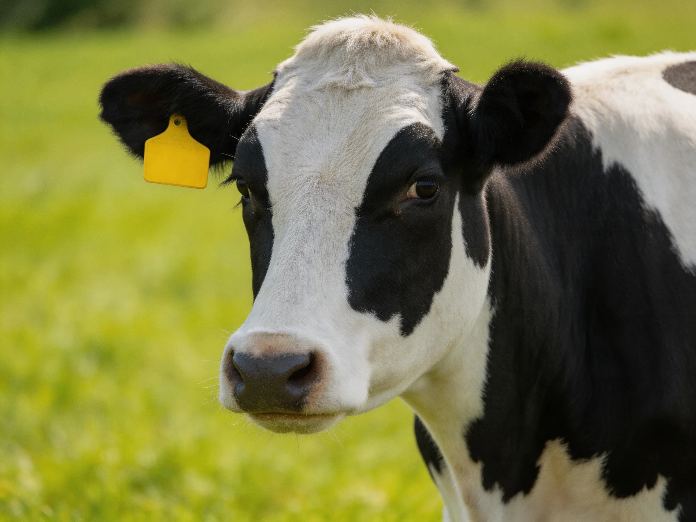 A black and white cow with a yellow ear tag in a green pasture