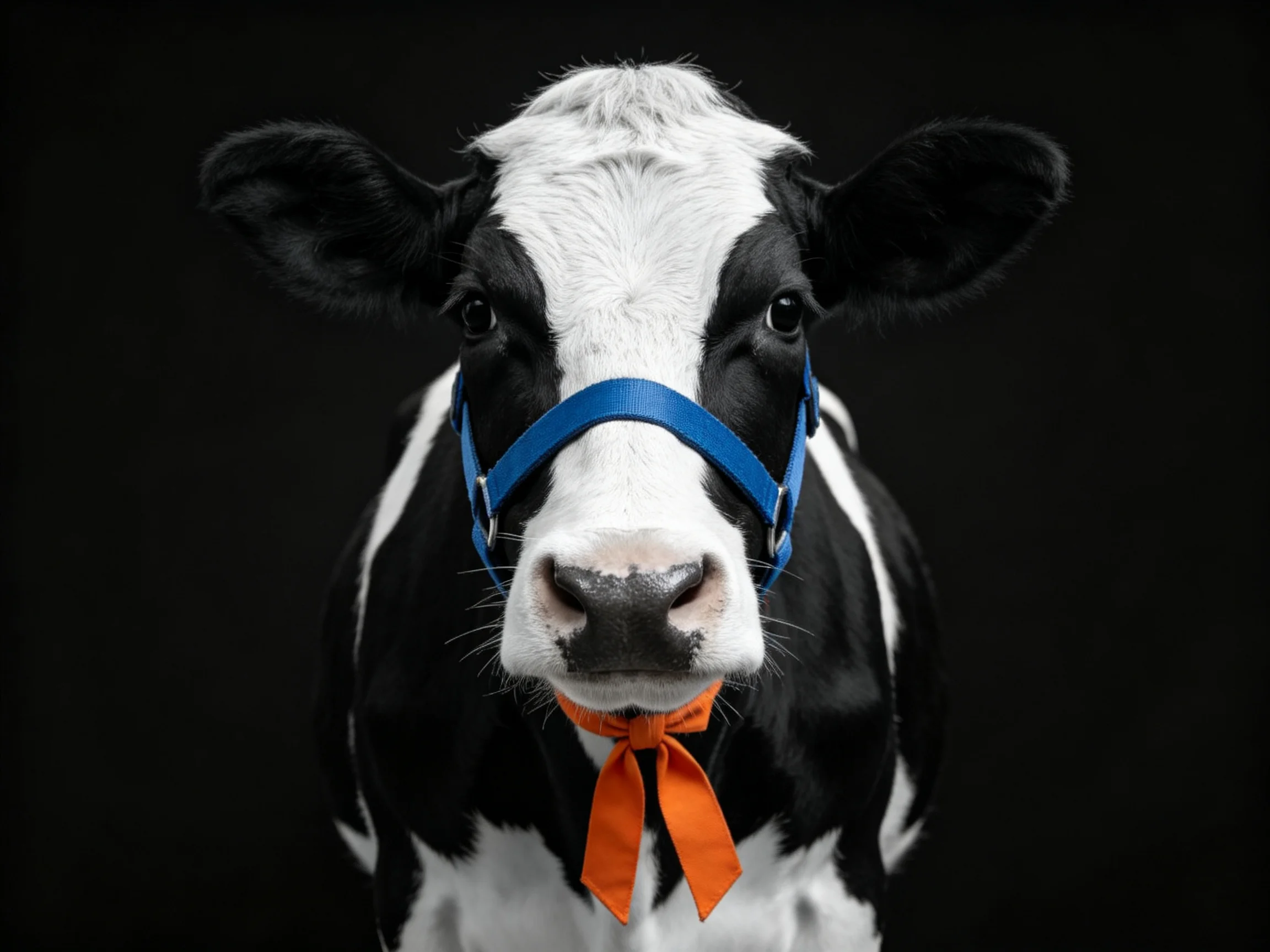 A black and white cow with a blue halter and orange bow stands centered against a dark background.