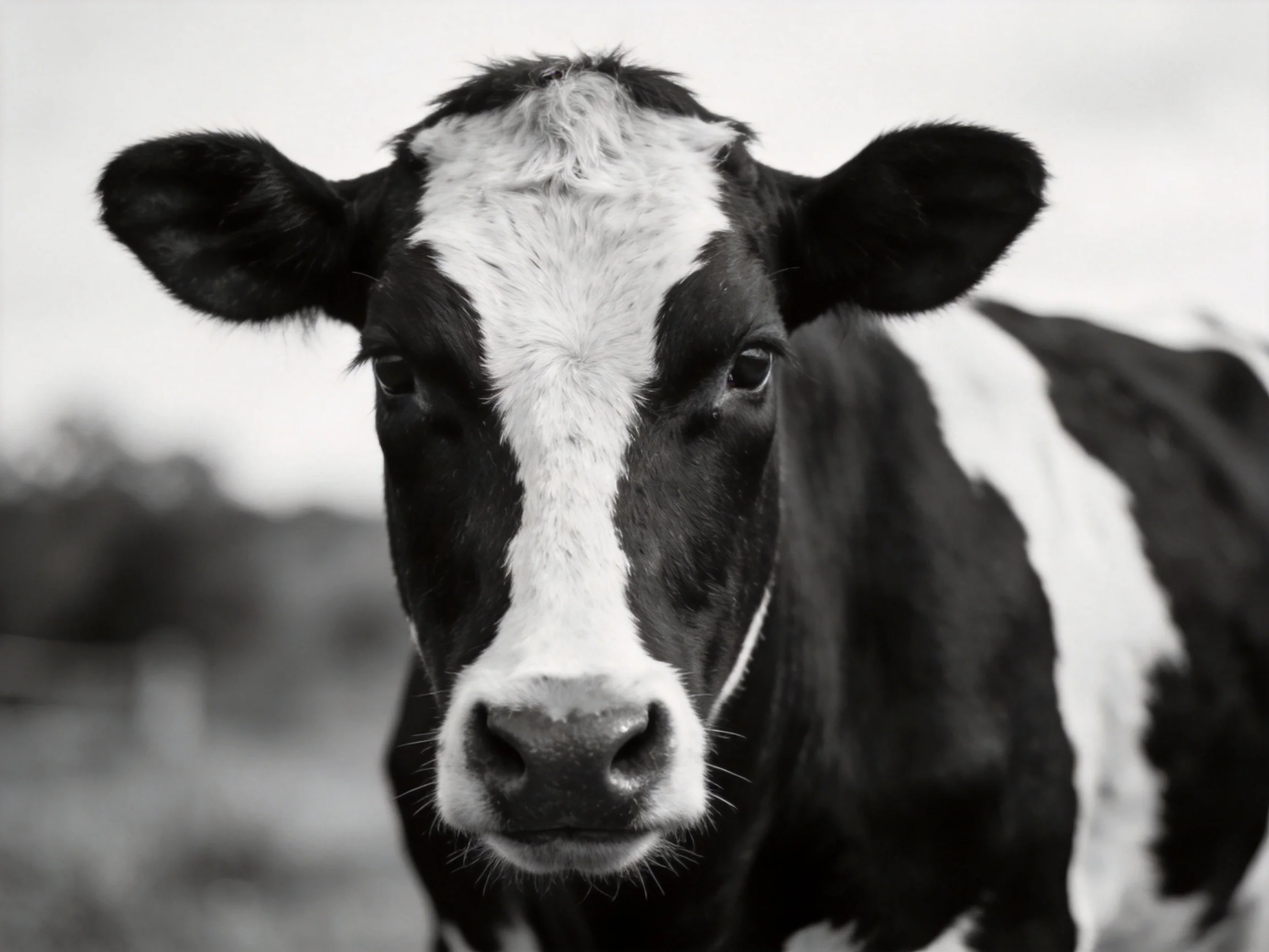 A black and white cow with bold patch patterns, staring intently