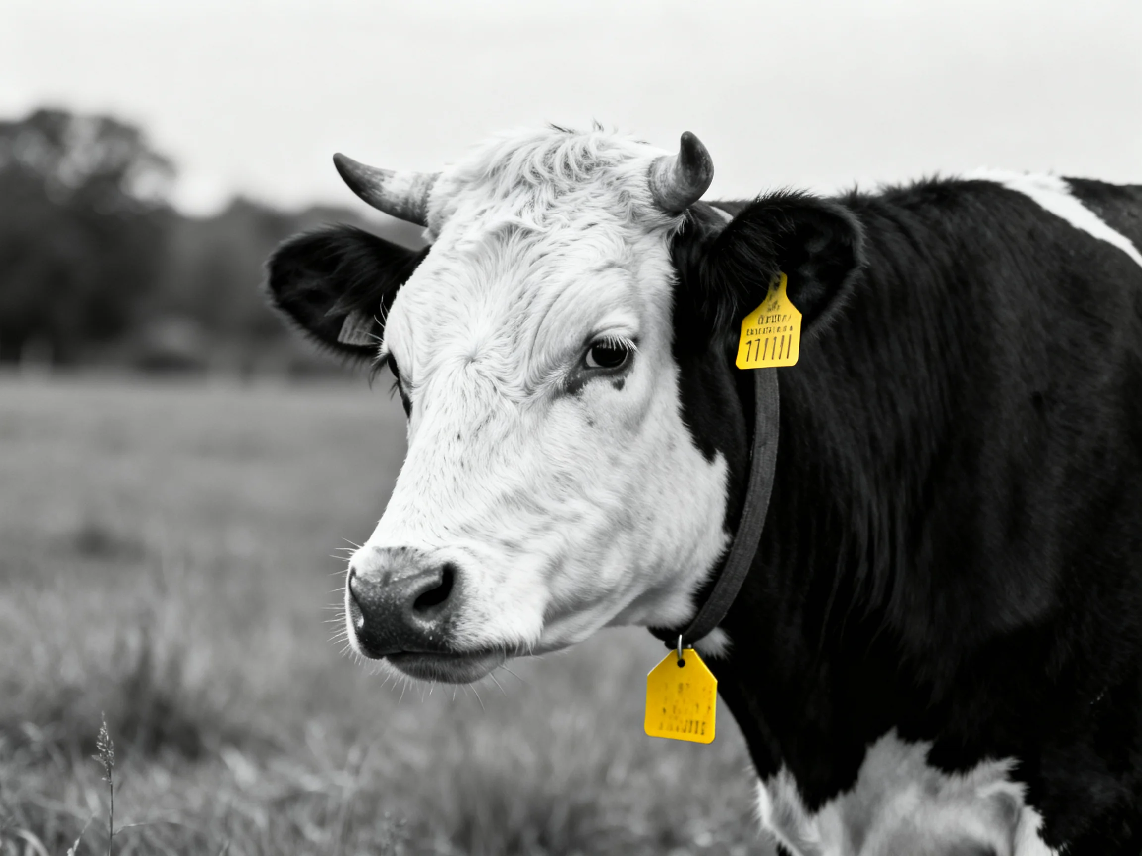 A black-and-white cow with bright yellow ear tags in a rural landscape