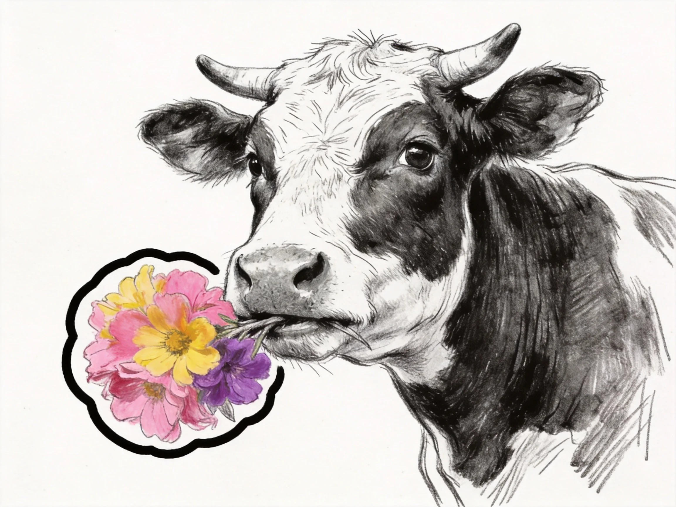A black-and-white cow with colorful flowers in its mouth