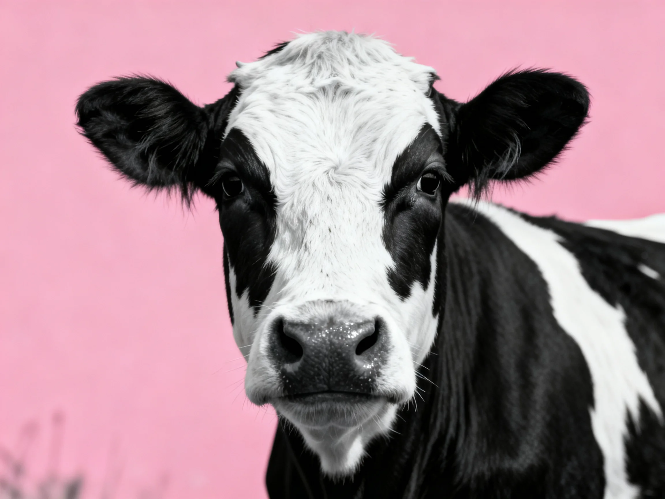 A black and white cow with distinct patches against a solid pink background