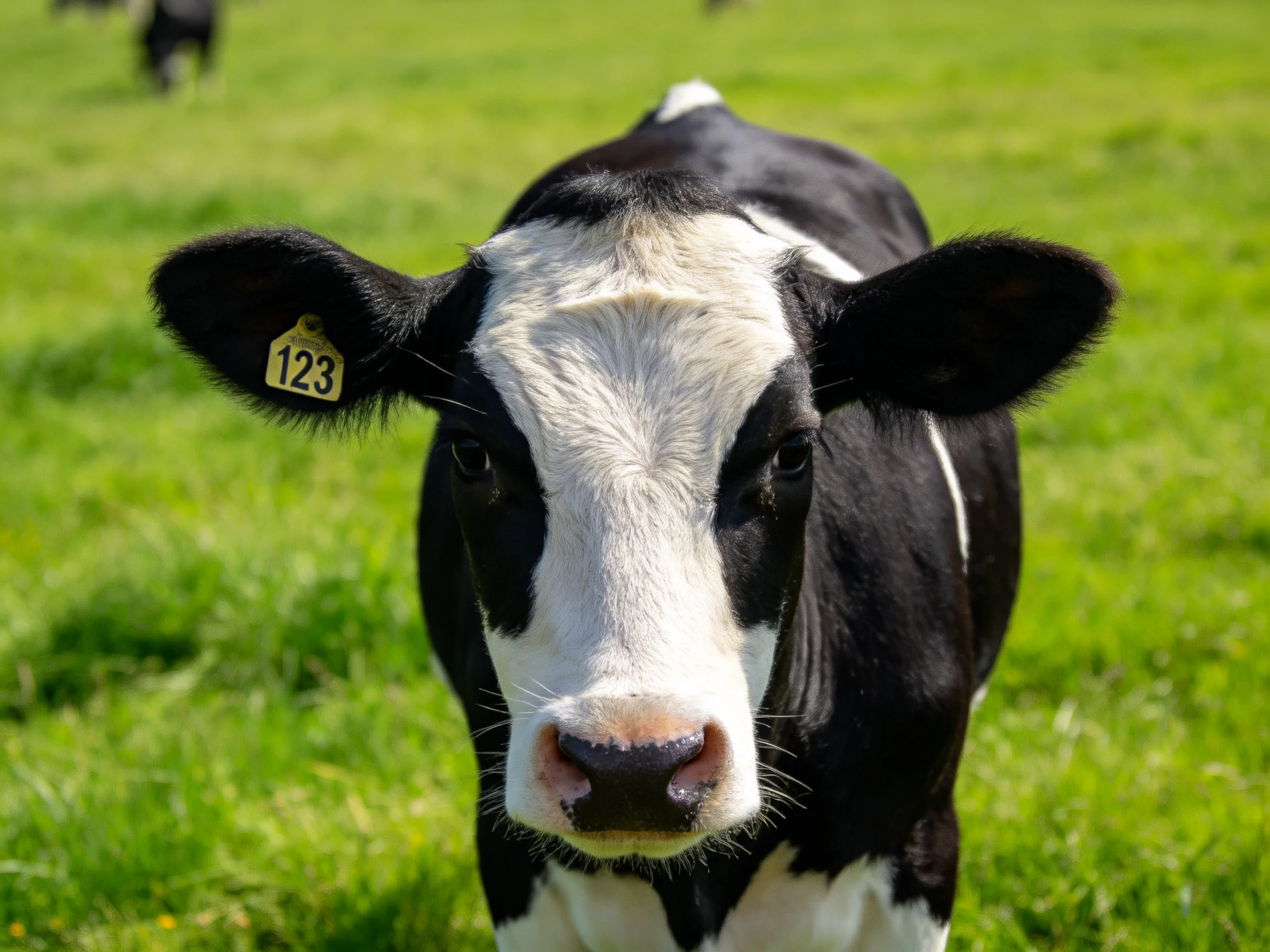 A black and white cow with ear tag 123 in a green pasture