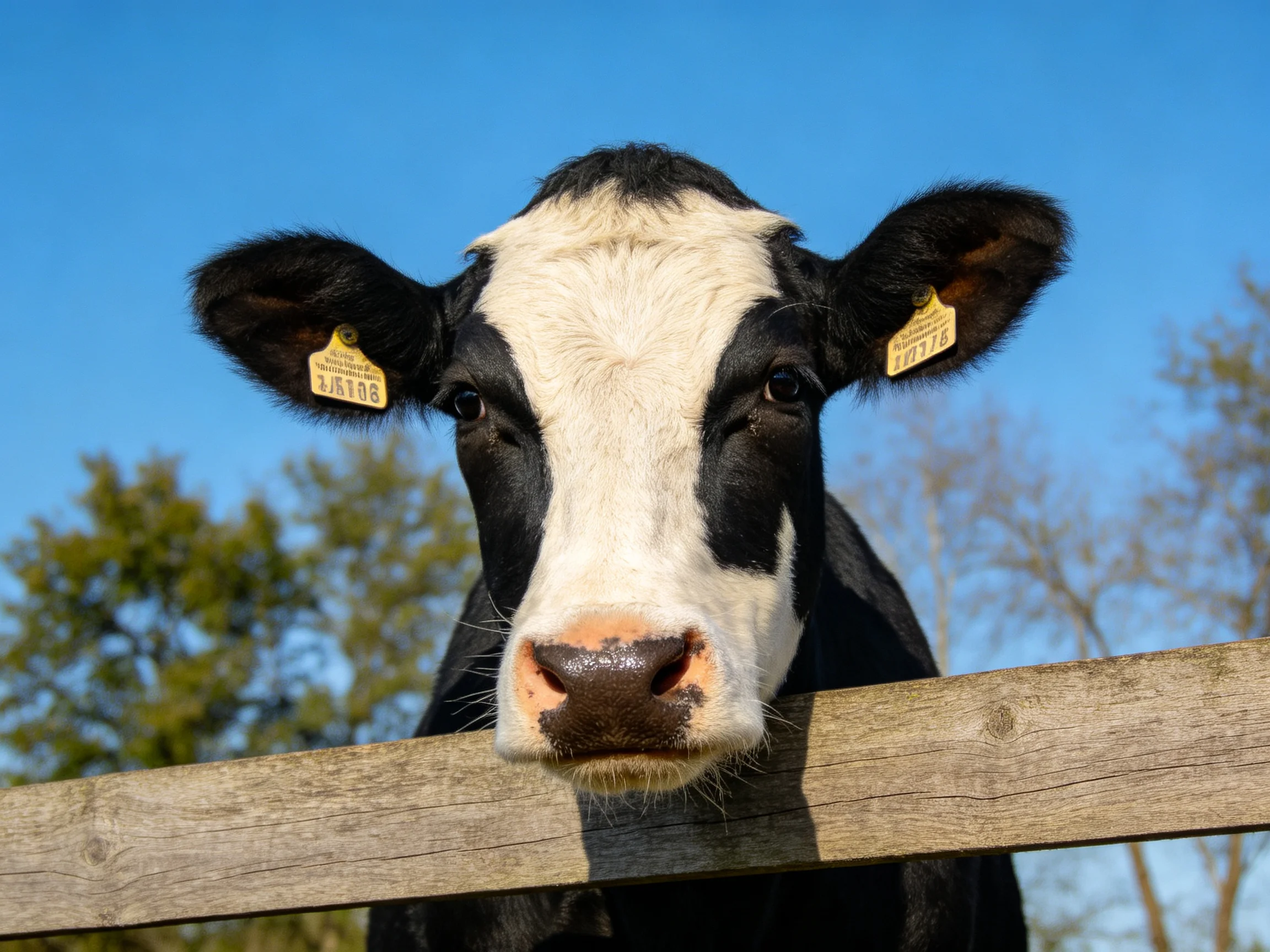 A black and white cow with ear tags peers over a wooden fence under a clear blue sky