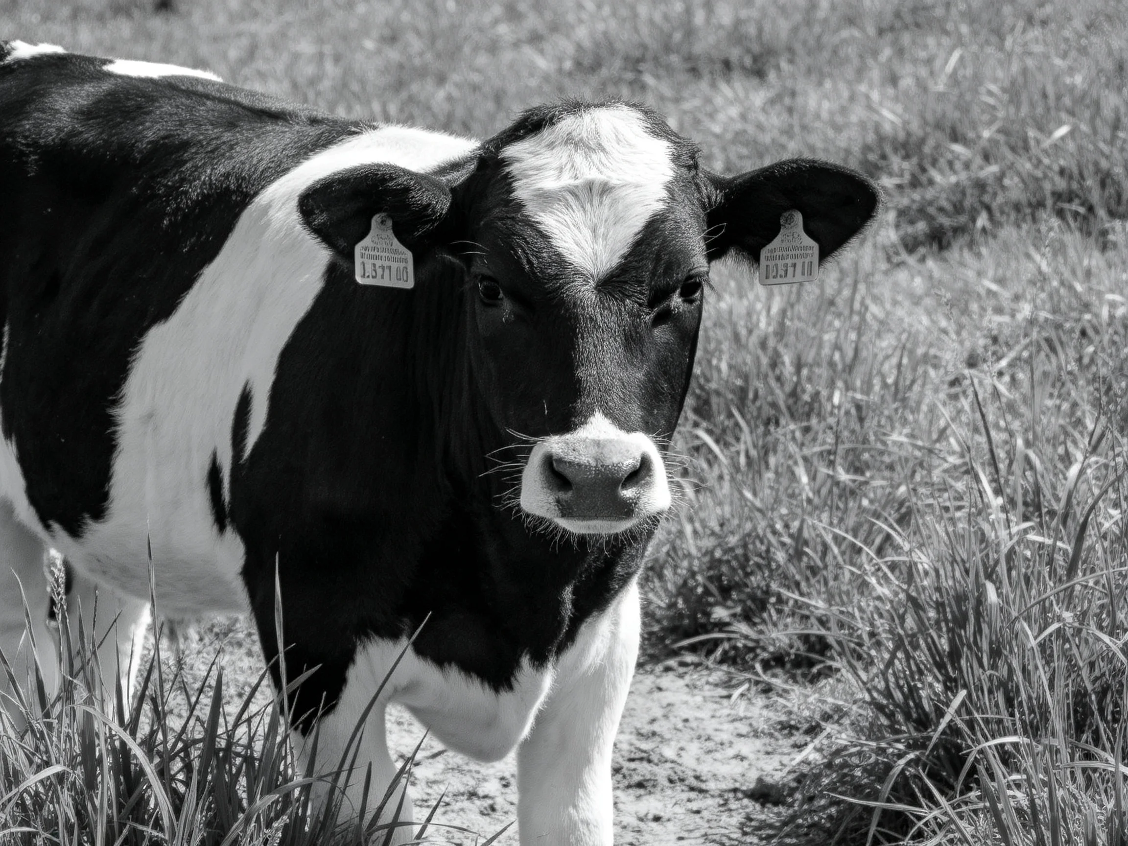 A black and white cow with ear tags standing in tall grass