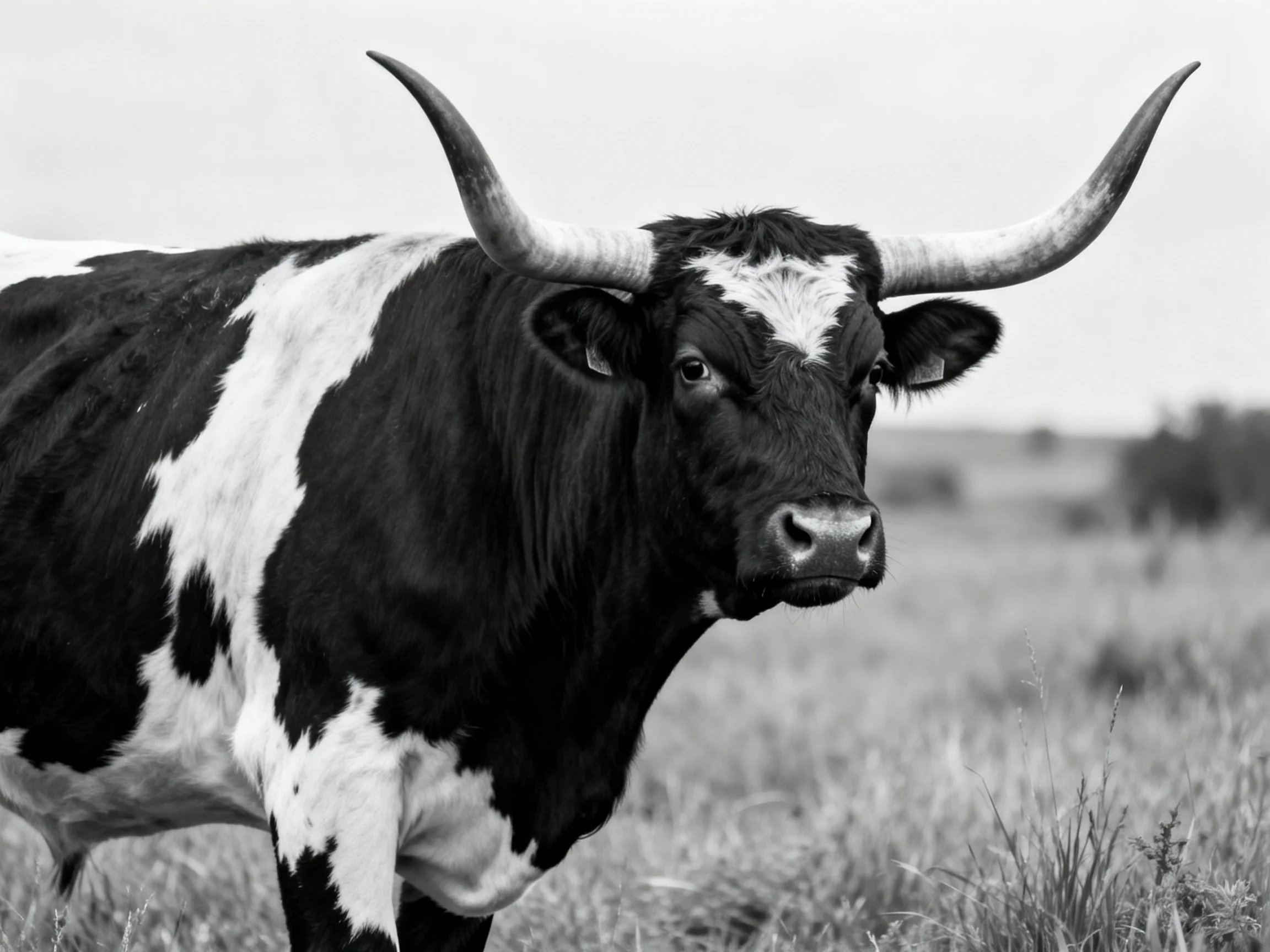 A black and white cow with large curved horns stands in a grassy field.