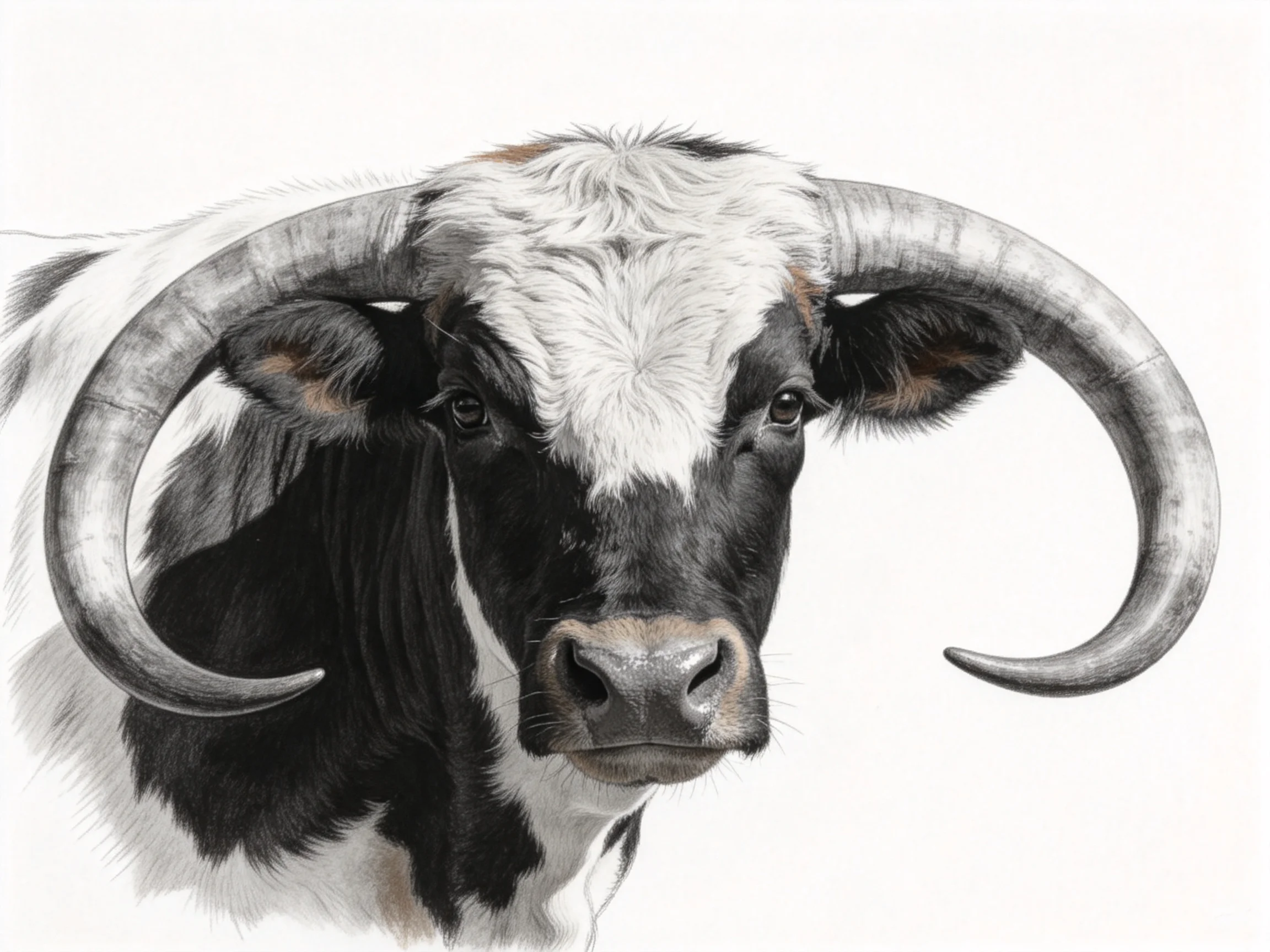 A black-and-white cow with massive curved horns