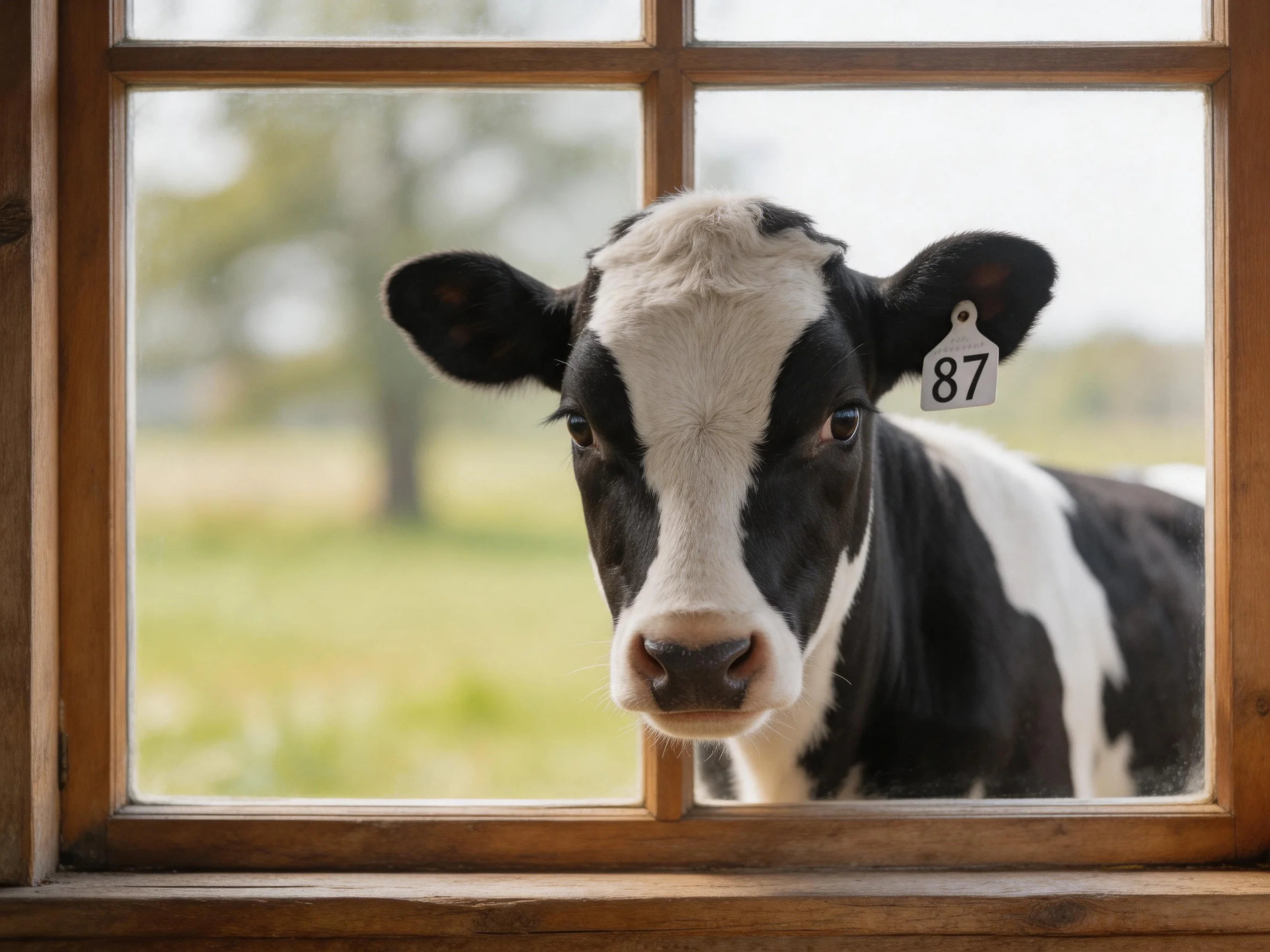 A black and white cow with tag 87 peers through a wooden-framed window