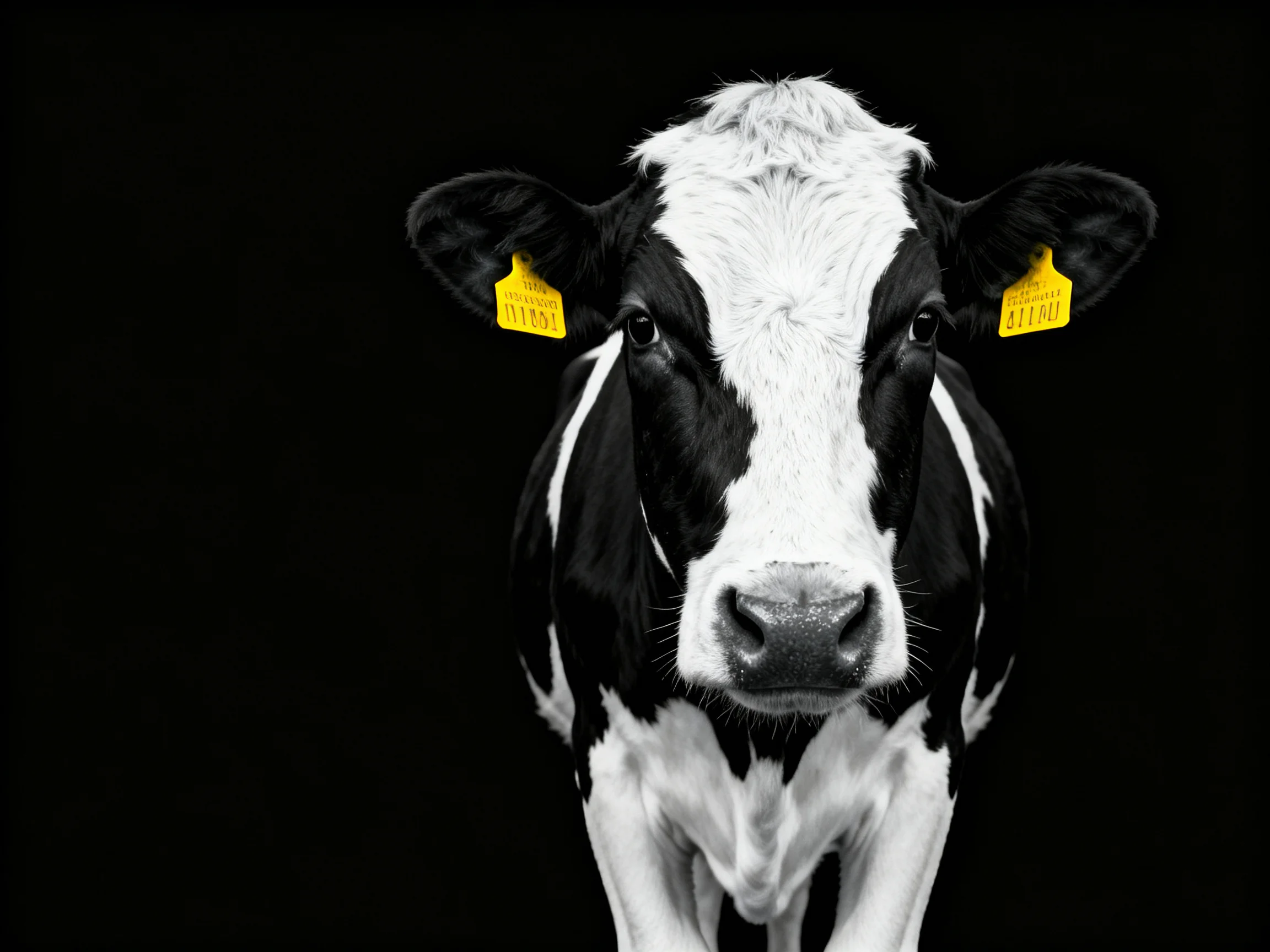 A black and white cow with two bright yellow ear tags against a dark backdrop