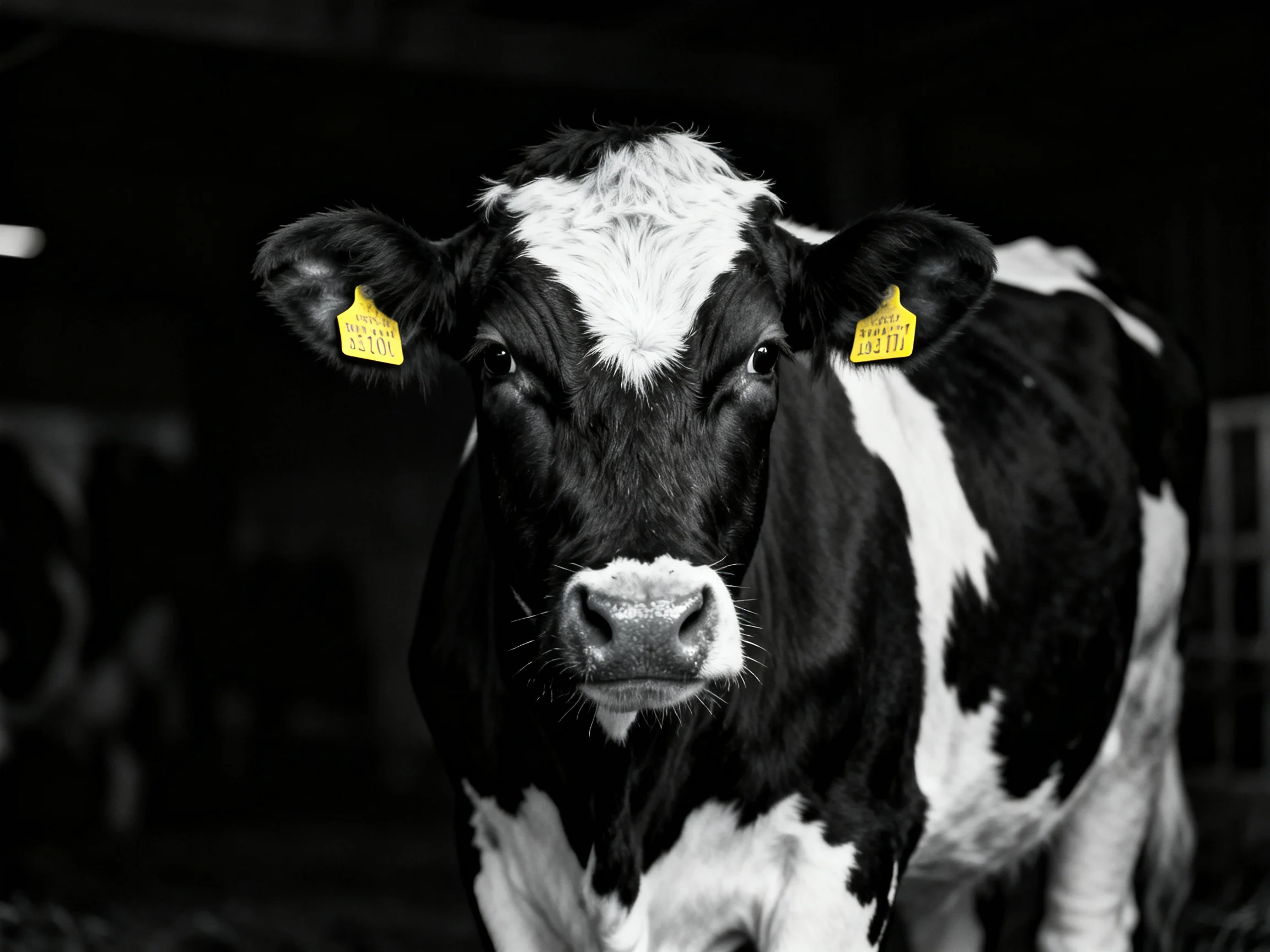 A black and white cow with yellow ear tags is centered in the image.
