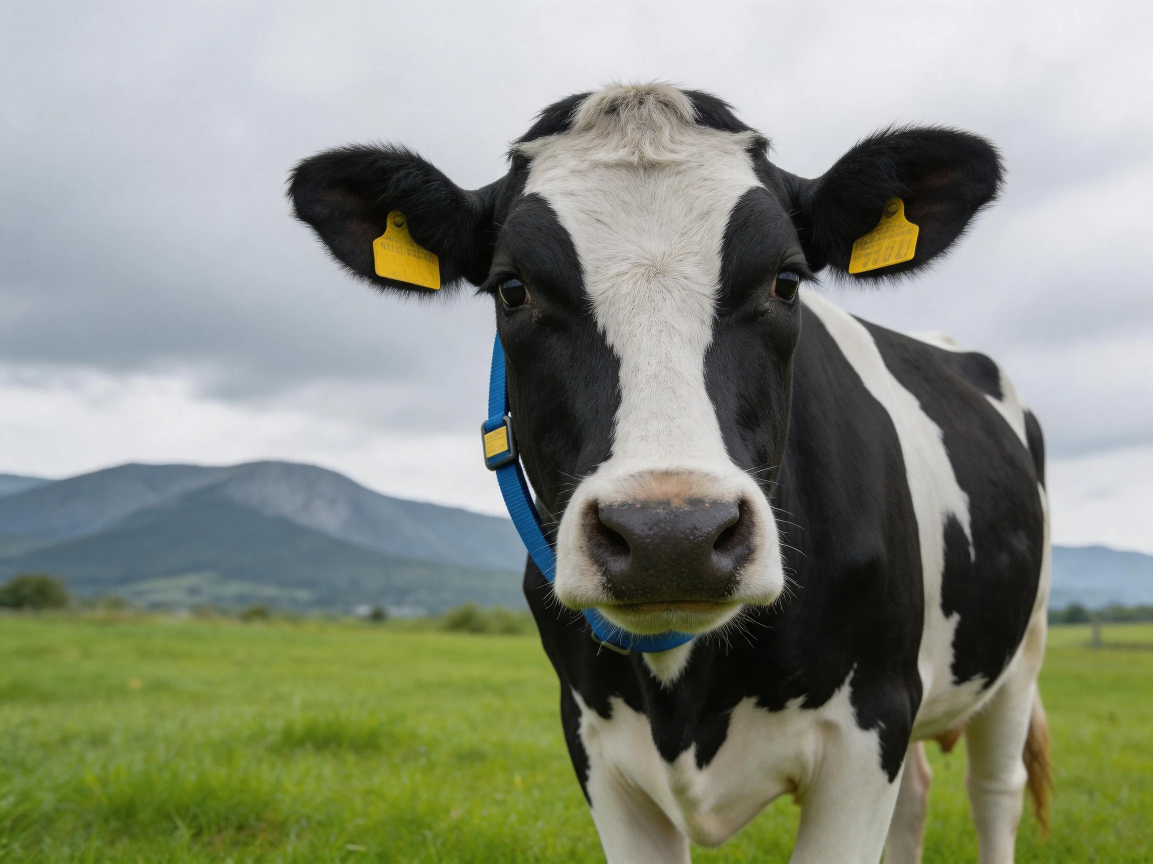 A black and white cow stands in a green pasture with mountains in the background.