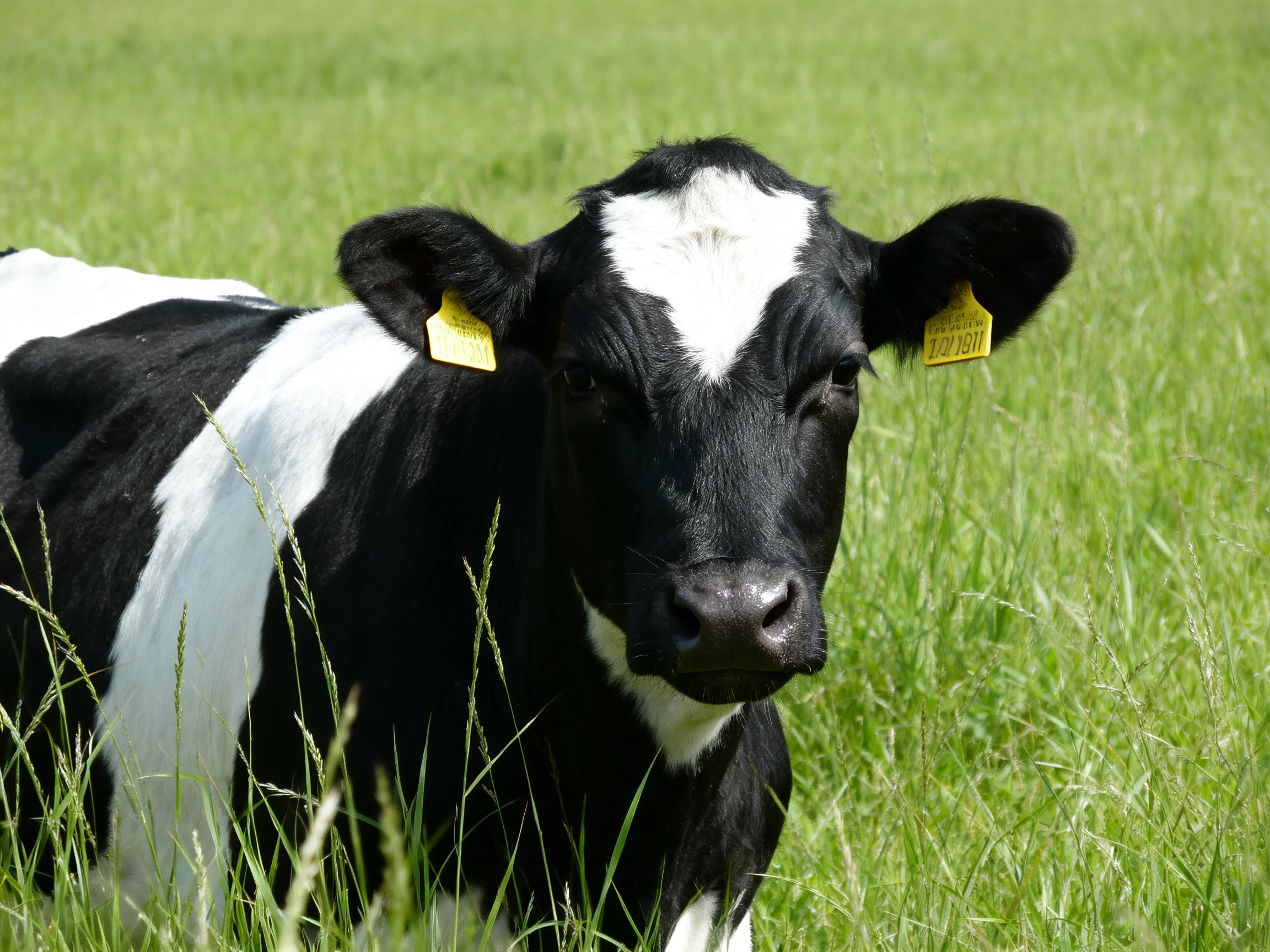 A black and white cow stands amid tall green grass.