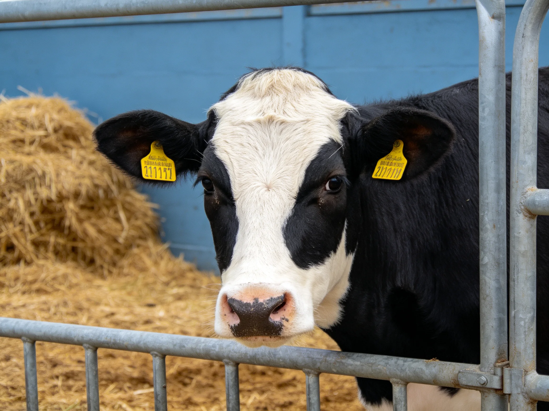 A black and white cow with yellow ear tags is near hay and a blue structure.