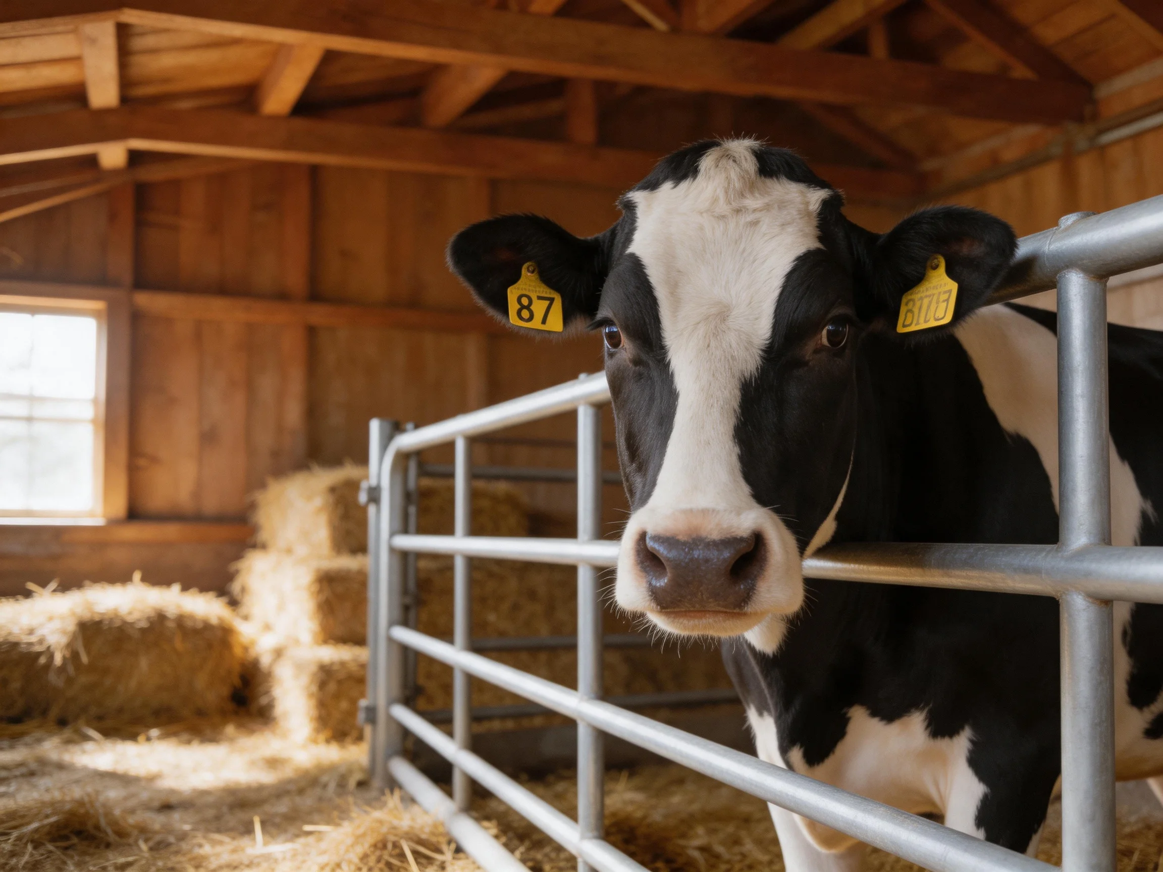 A black and white dairy cow in a wooden barn with stacked hay bales