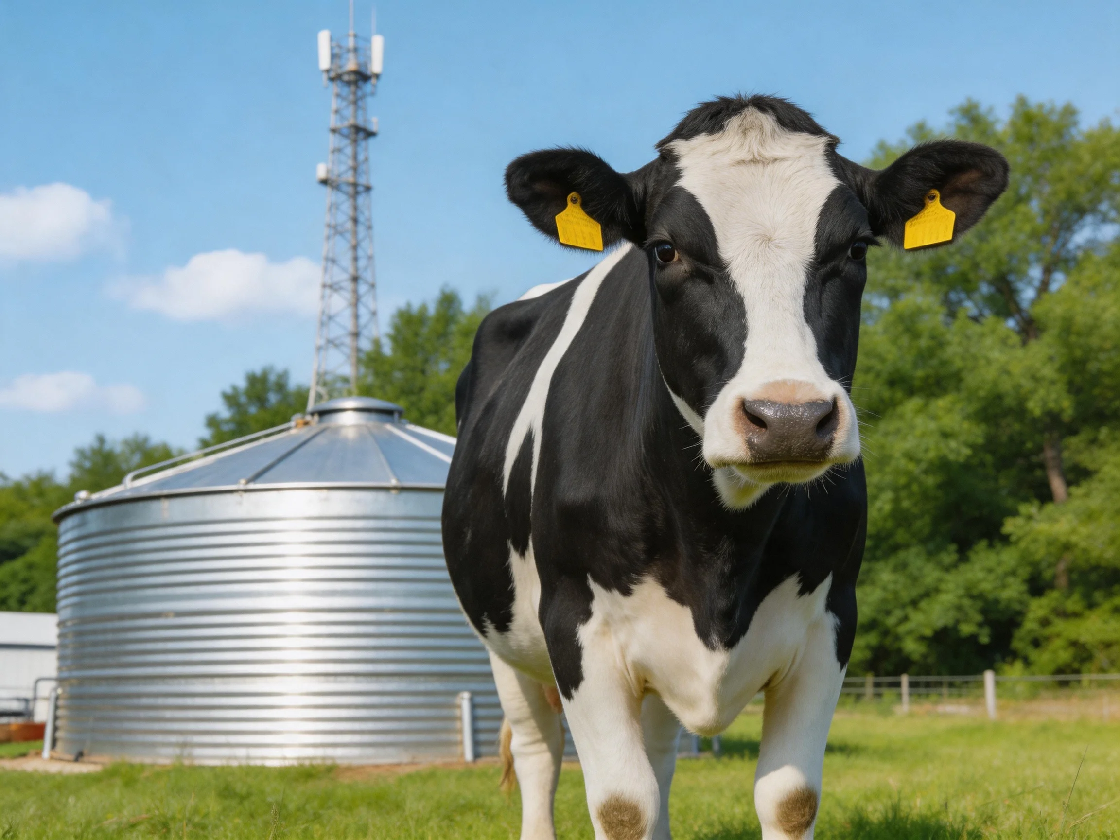 A black and white dairy cow near a silver grain silo with a communication tower
