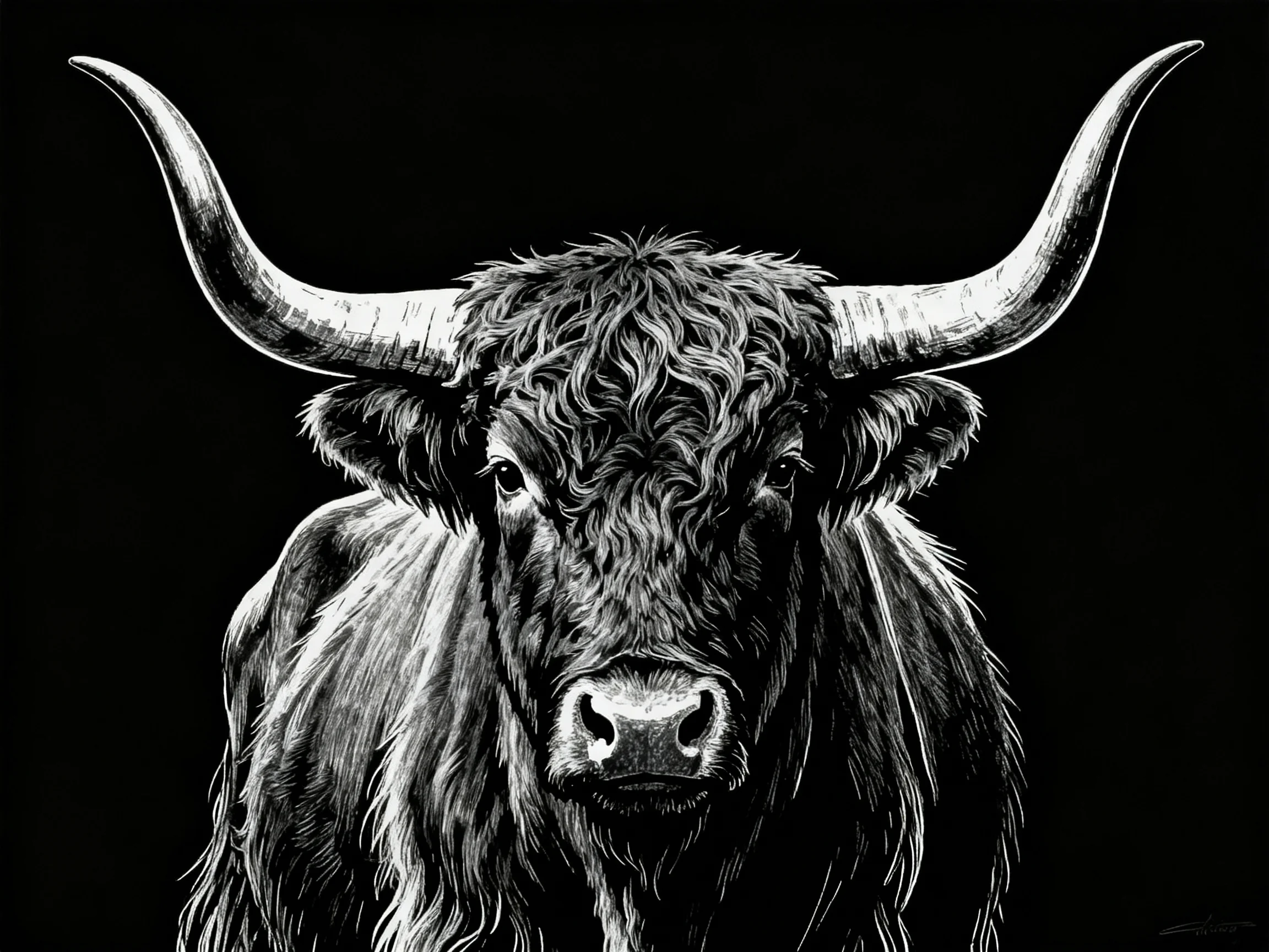 A black and white detailed portrait of a Highland cow with large curved horns