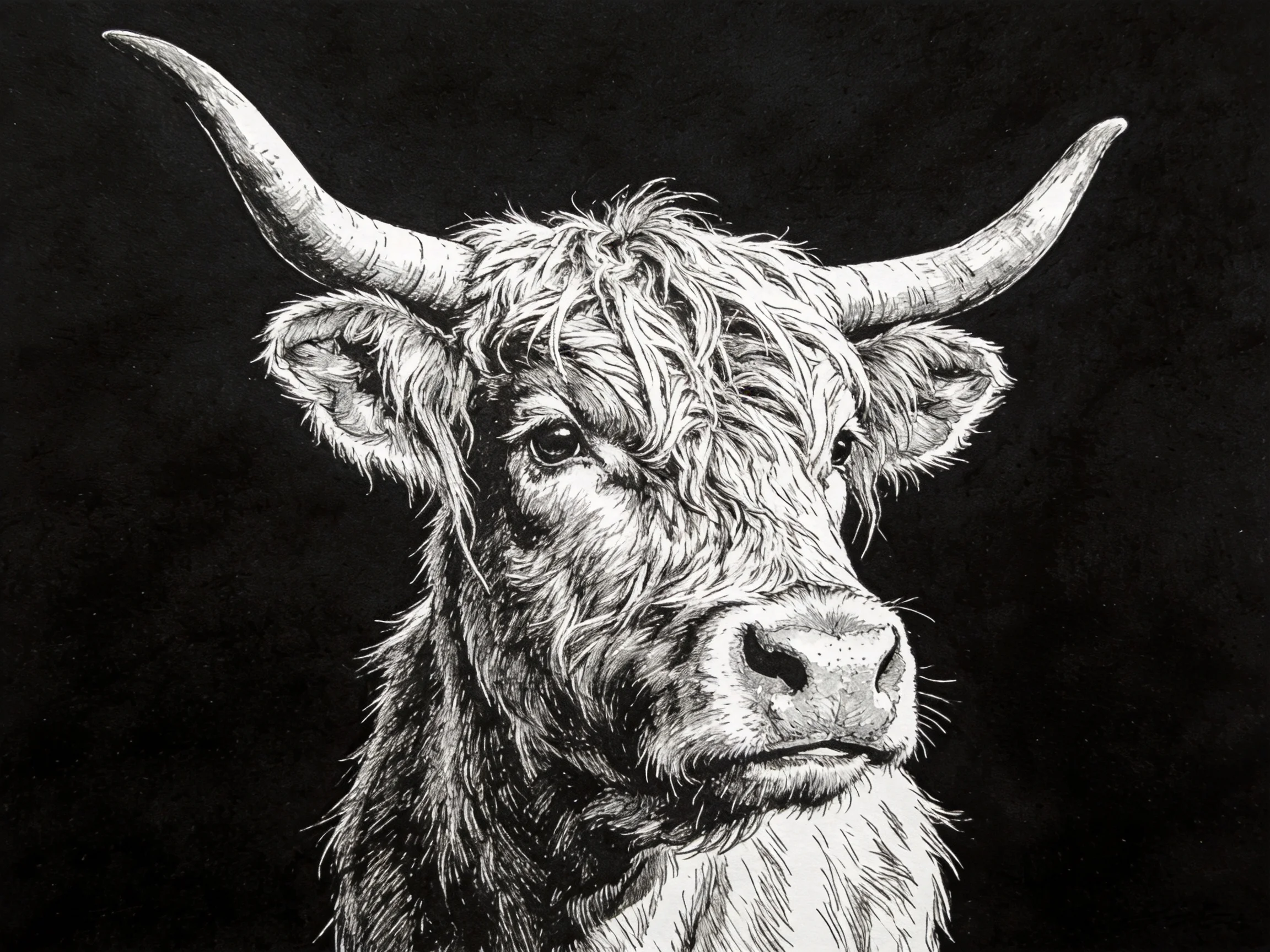 A black-and-white detailed portrait of a horned cow with shaggy fur
