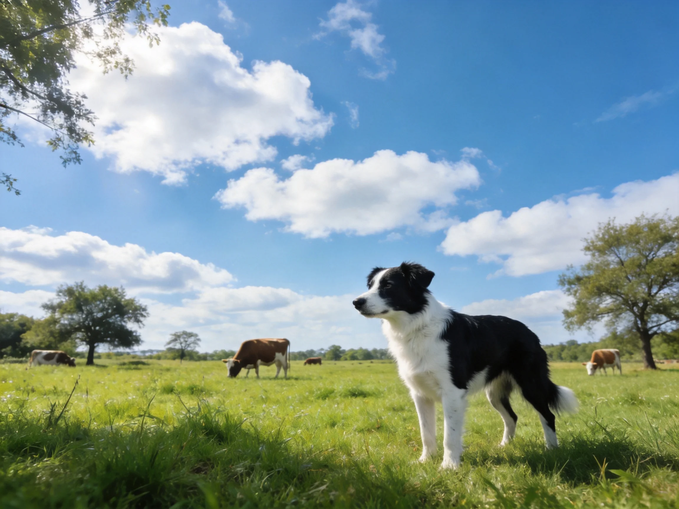 A black-and-white dog stands in a sunny meadow with grazing cows