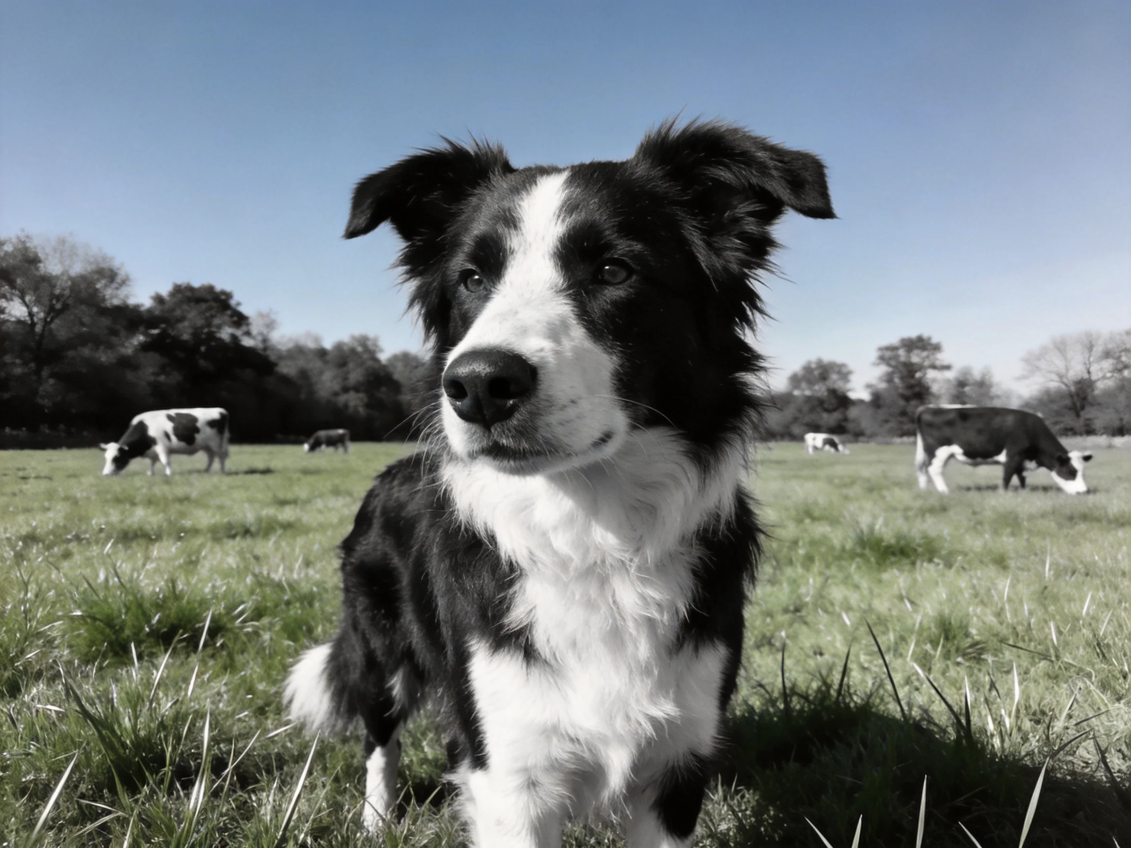 A black and white dog stands near grazing cows in a sunny pasture