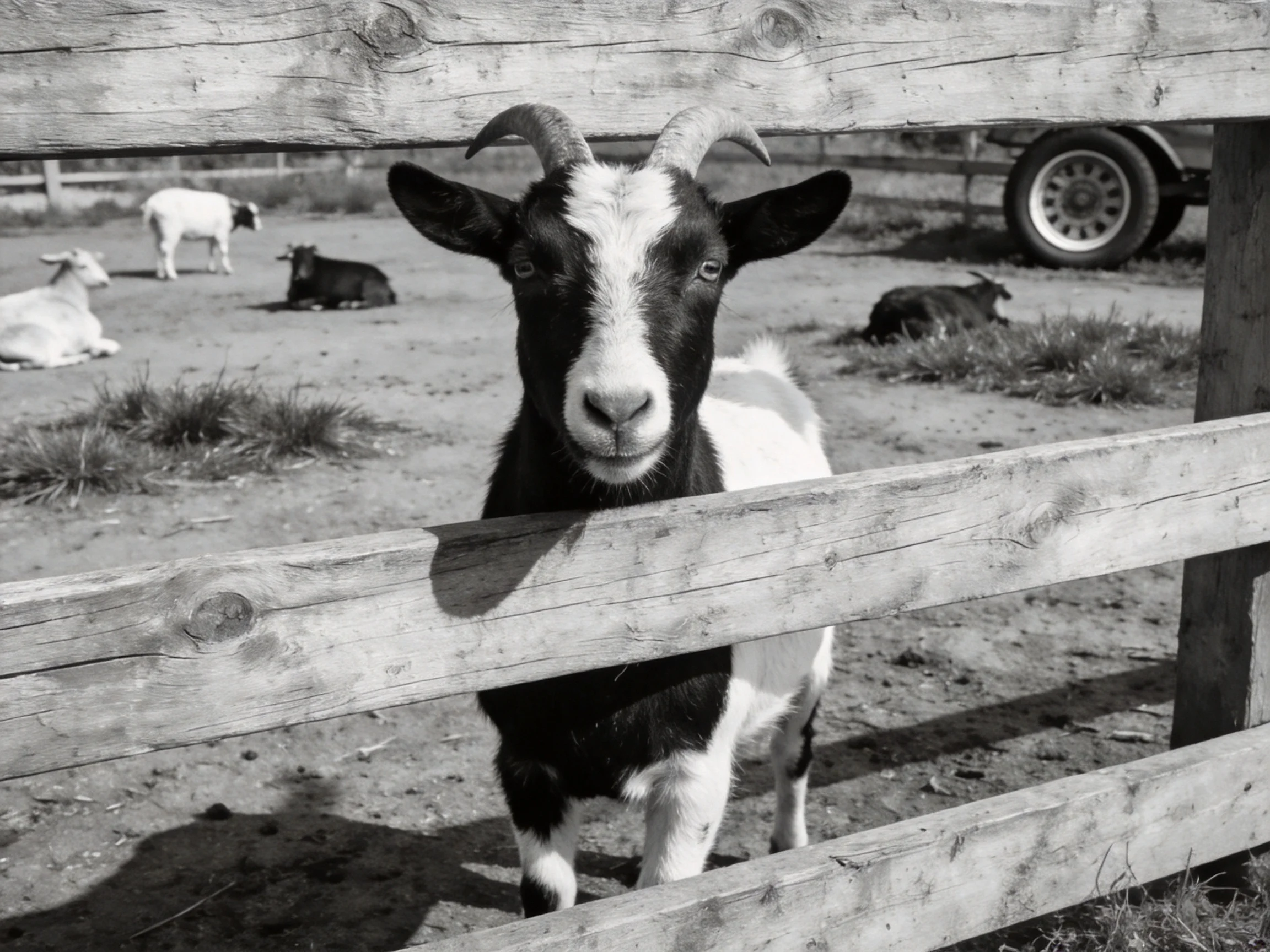 A black and white goat near a wooden fence with other goats resting