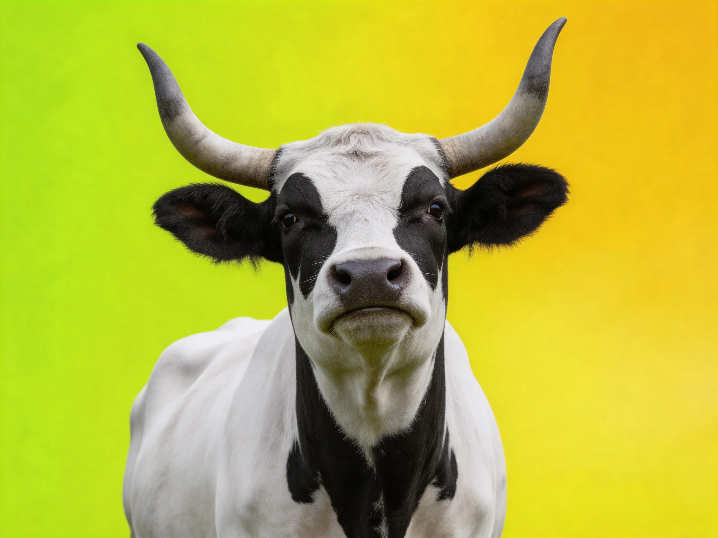 A black-and-white horned cow against vibrant green and yellow backdrop