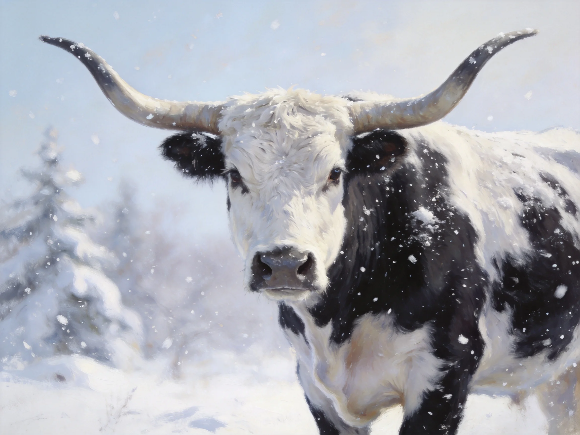 A black-and-white horned cow amidst falling snow in wintry landscape