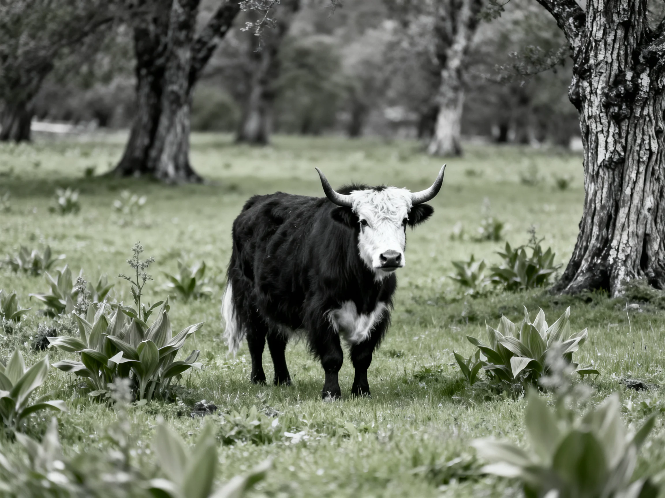 A black and white horned cow amidst tall greenery and ancient trees