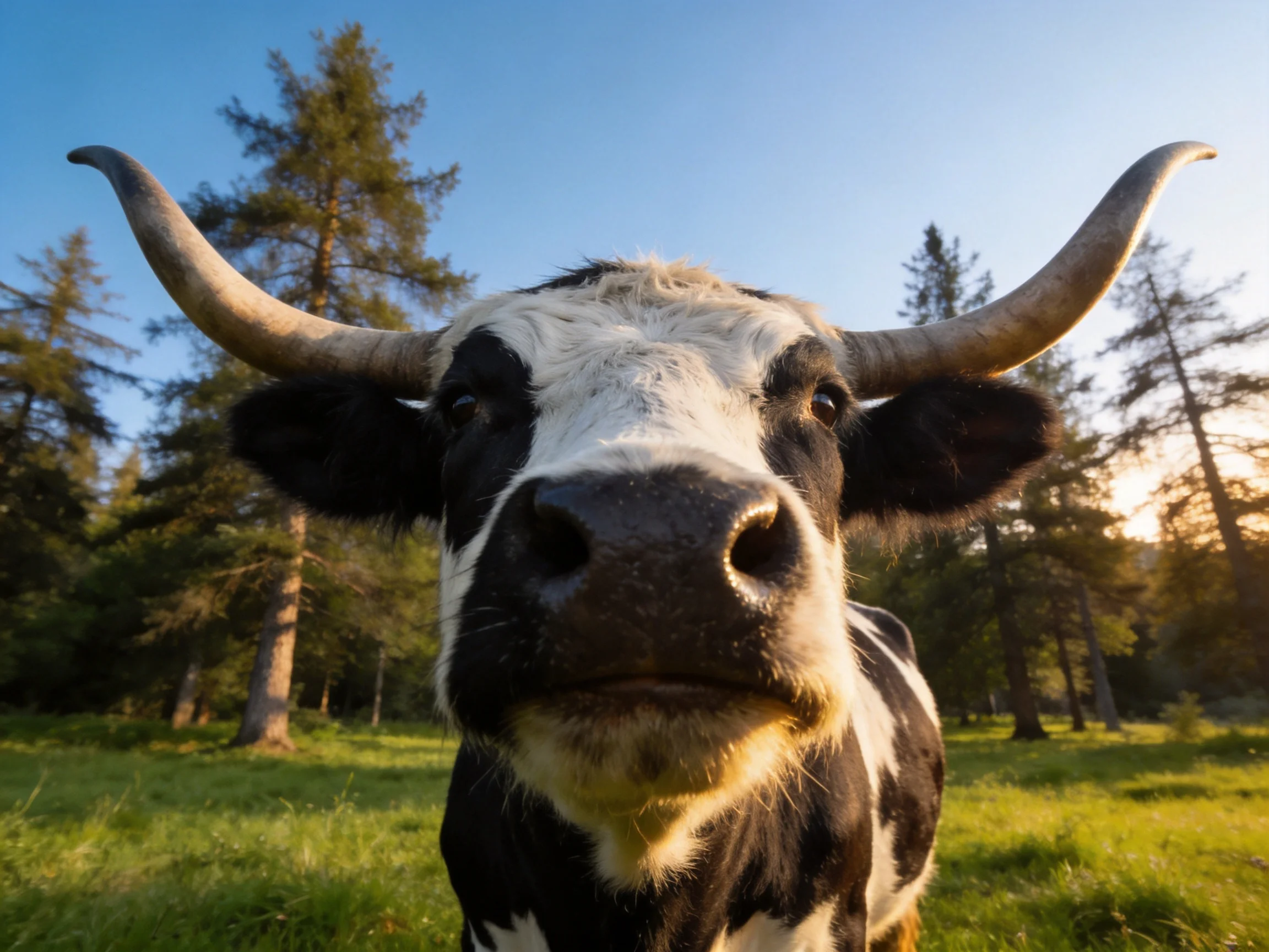 A black-and-white horned cow gazes from a sunlit forest clearing