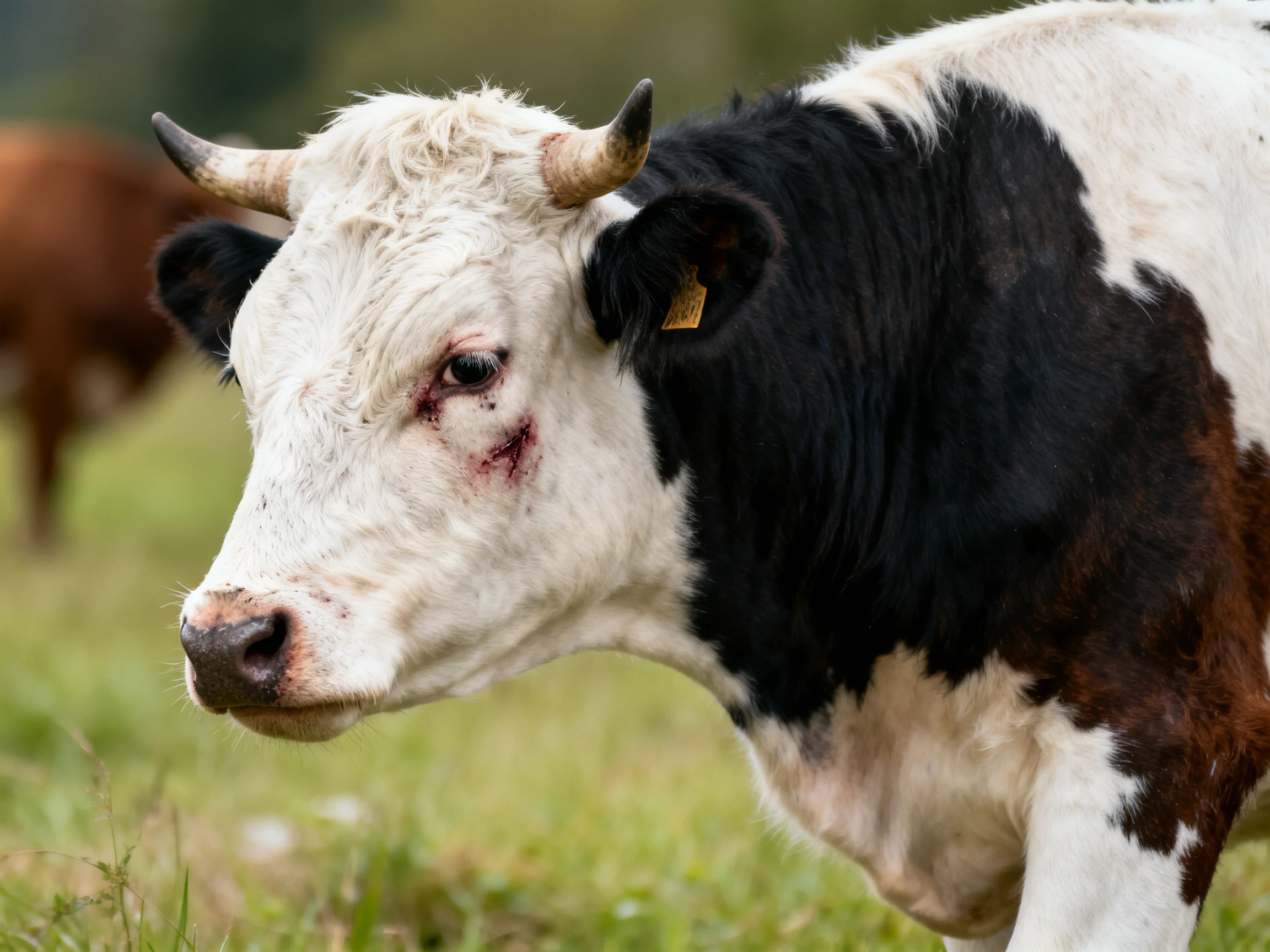 A black-and-white horned cow with an injured eye in a green pasture