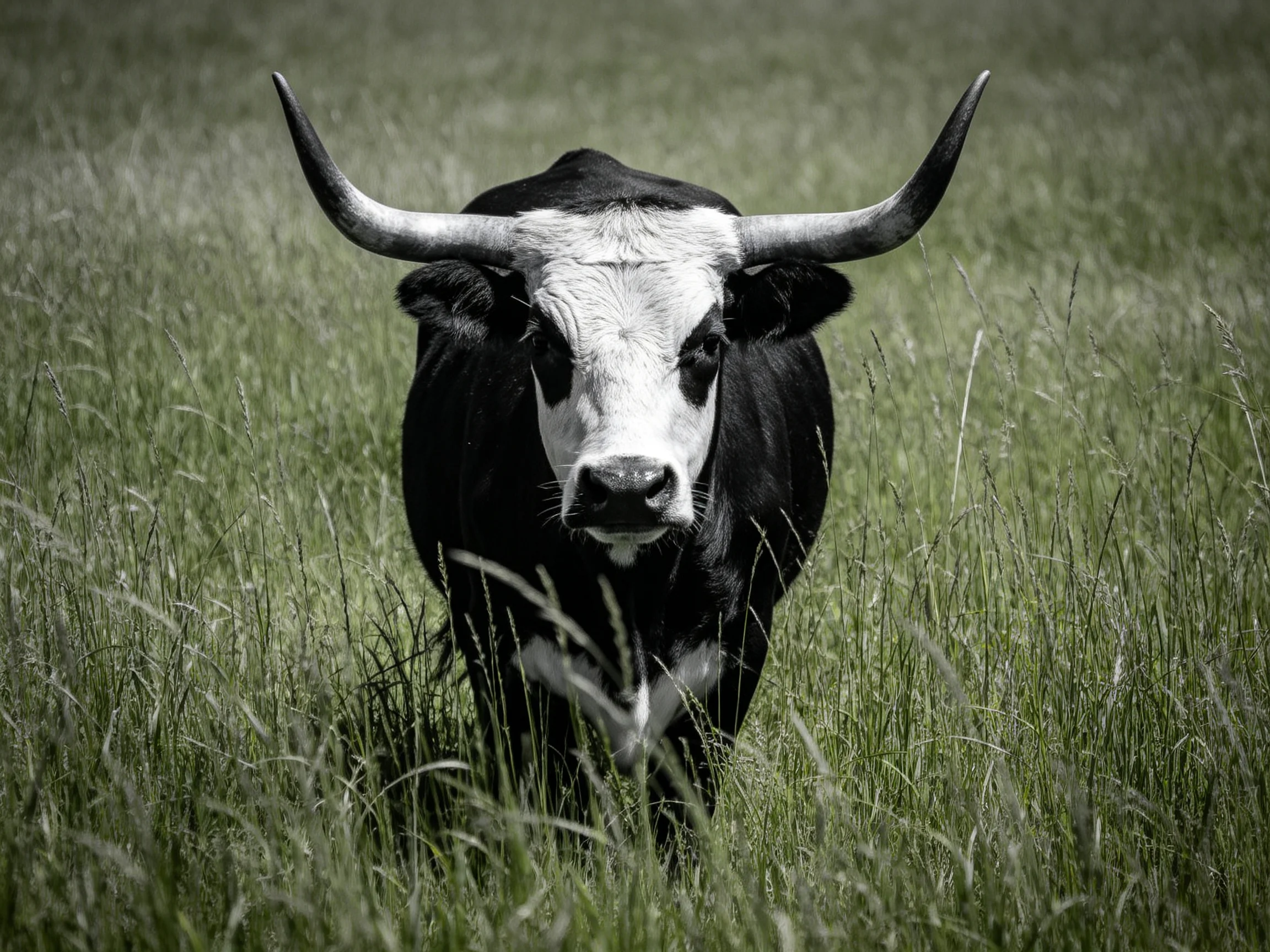 A black and white horned cow with large curved horns in tall green grass