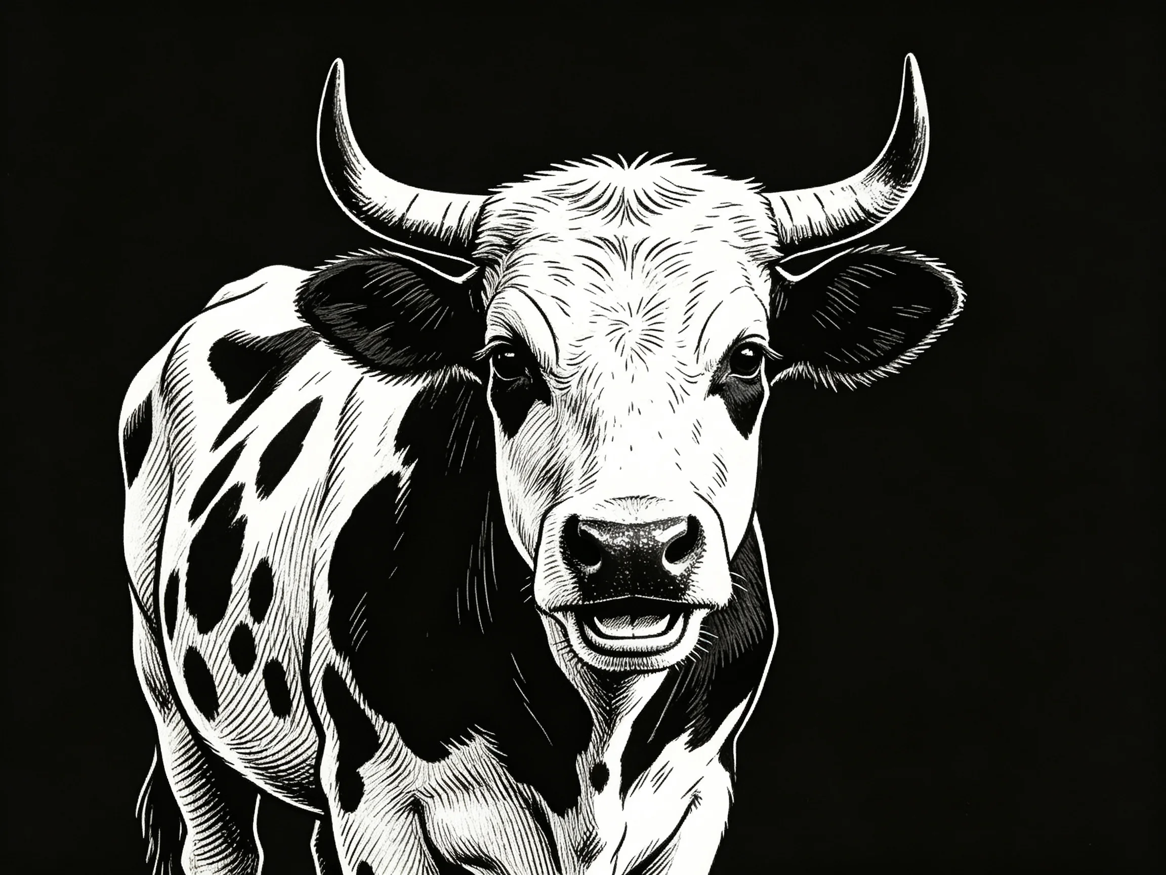 A black-and-white illustrated spotted cow with prominent curved horns