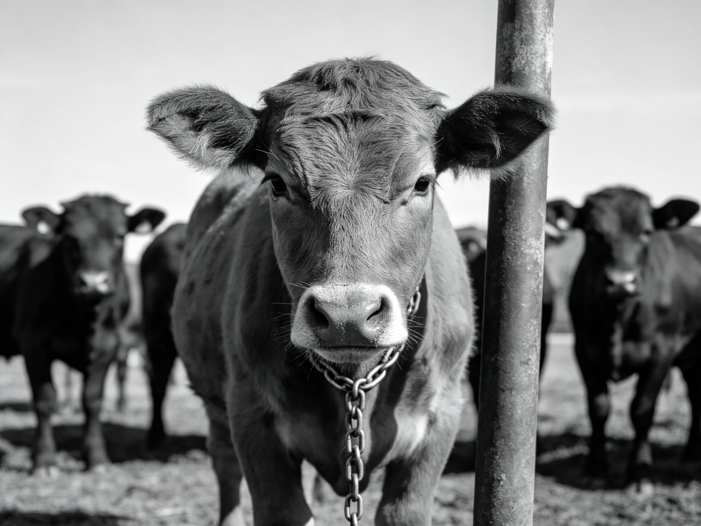 A black - and - white image of a chained cow with herd in the background