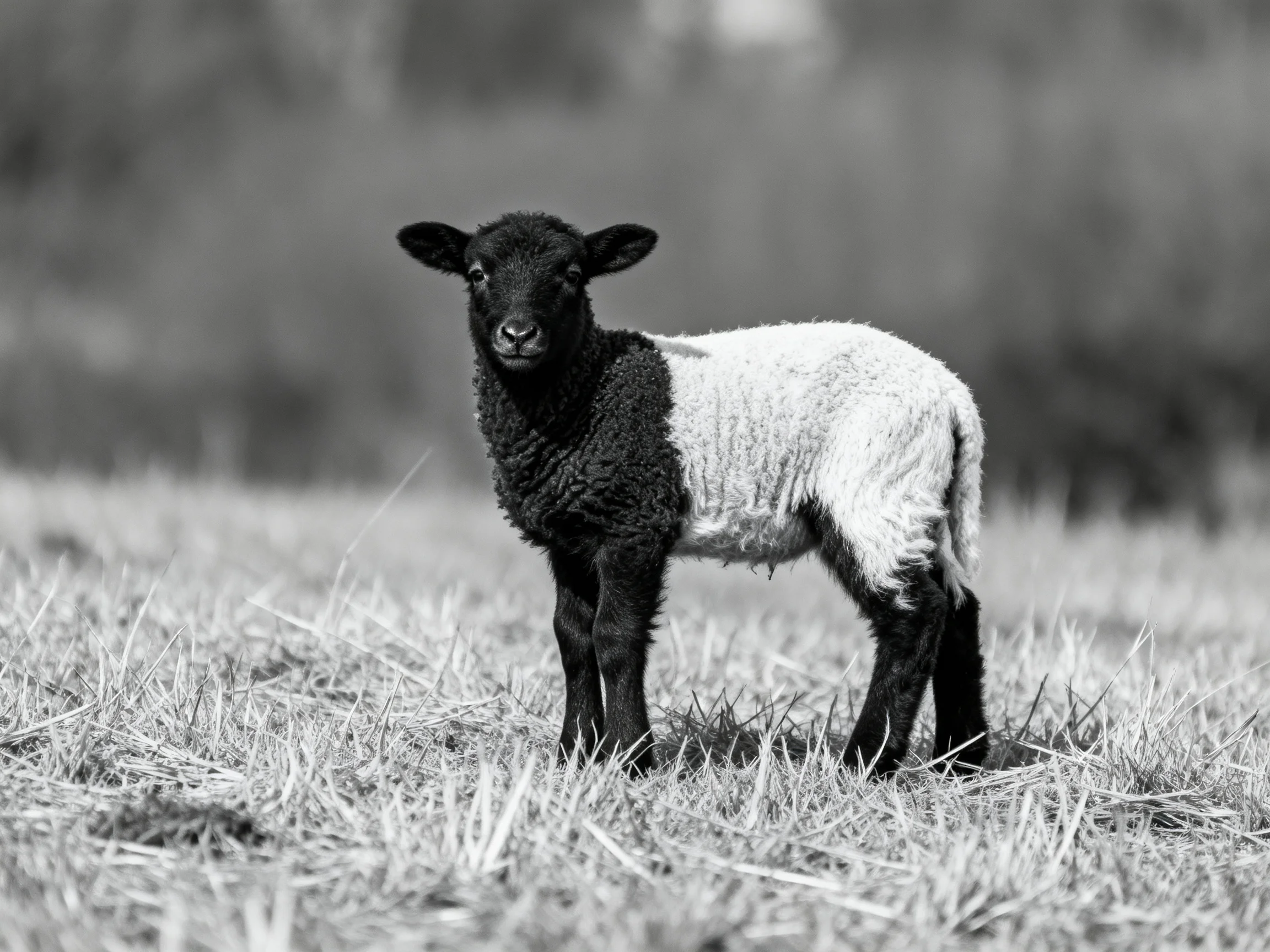 A black-and-white lamb stands in a grassy field